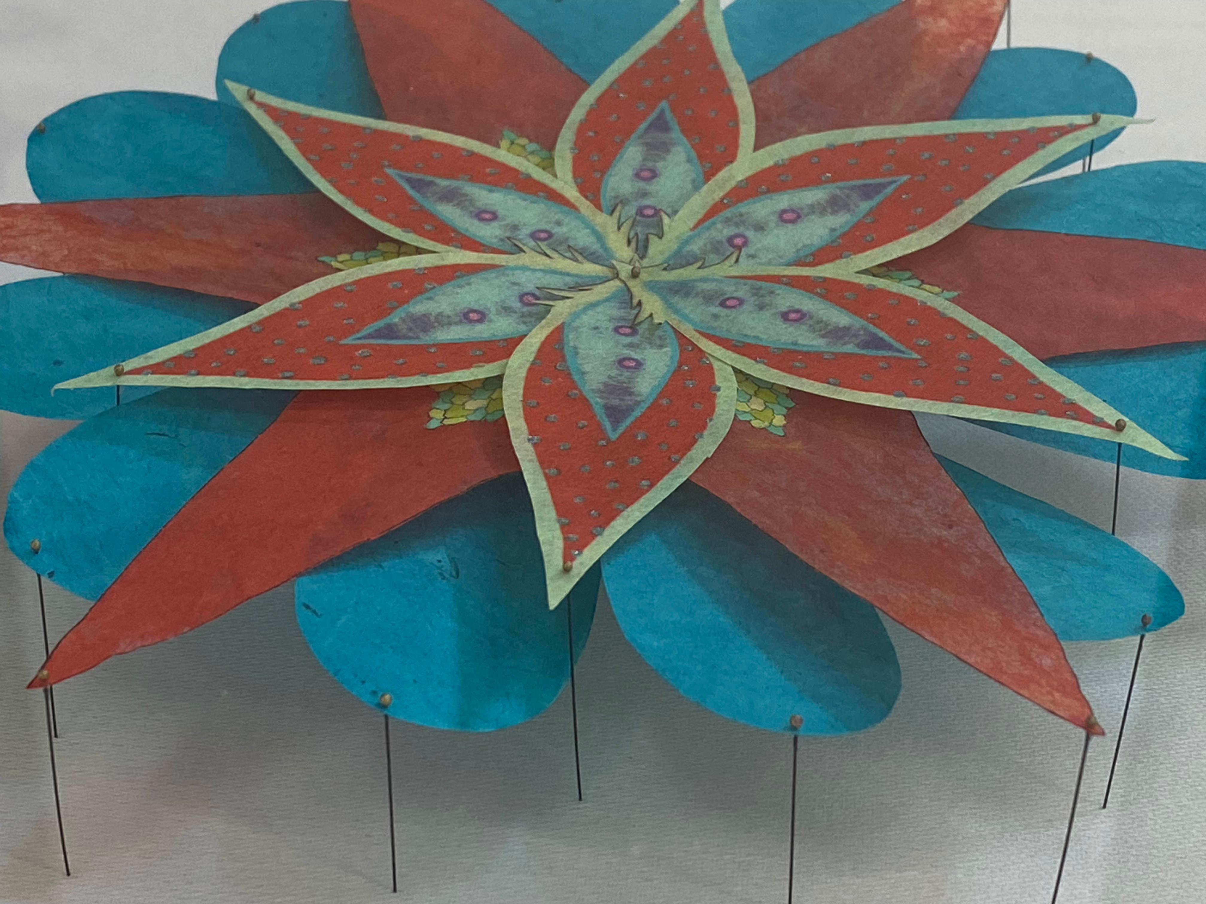 Fanfare Star, Teal Blue, Red Colorful Botanical Paper Flower Wall Sculpture For Sale 8