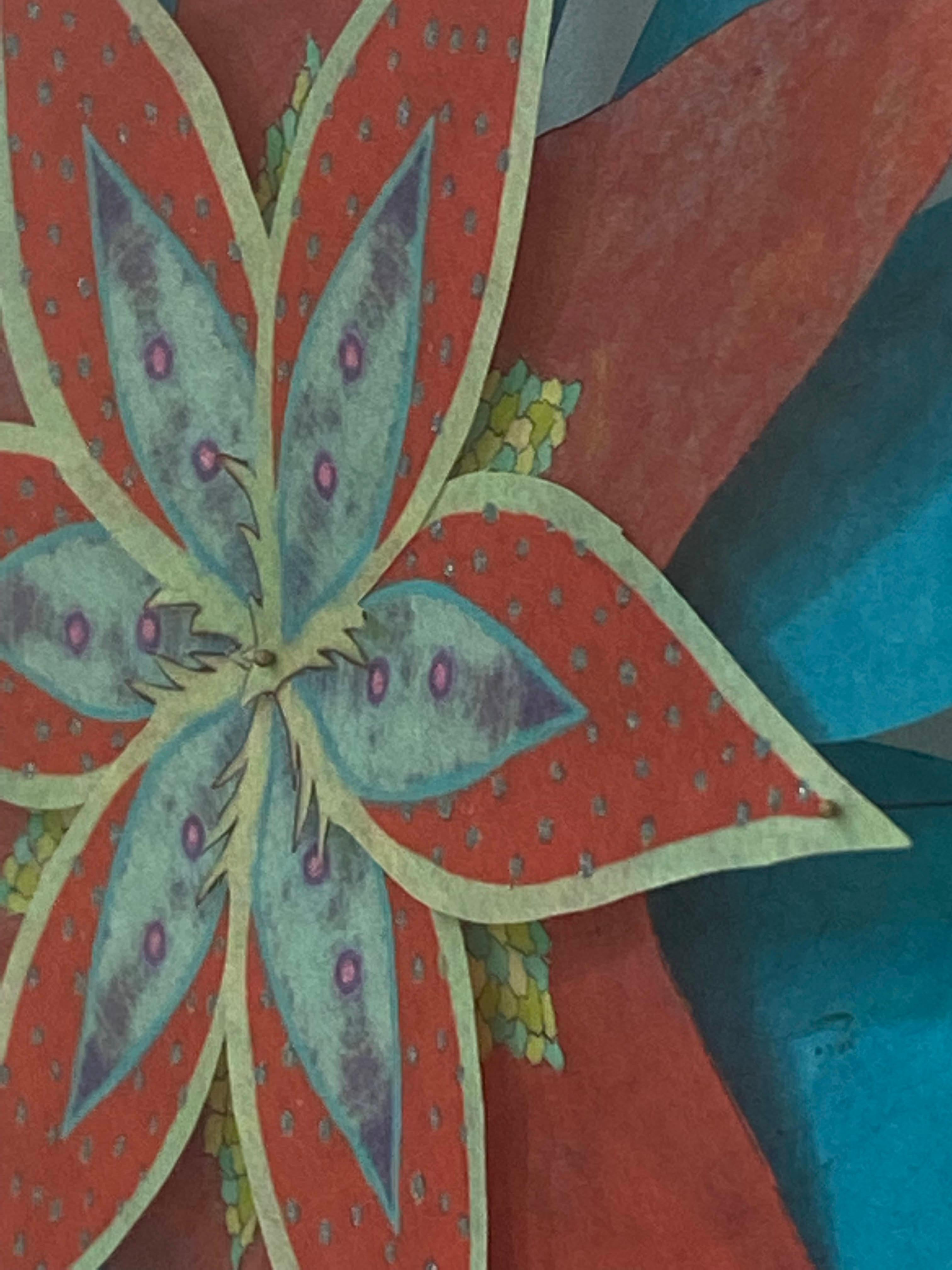 Fanfare Star, Teal Blau, Rot, Bunte botanische Blumen-Wandskulptur aus Papier im Angebot 7