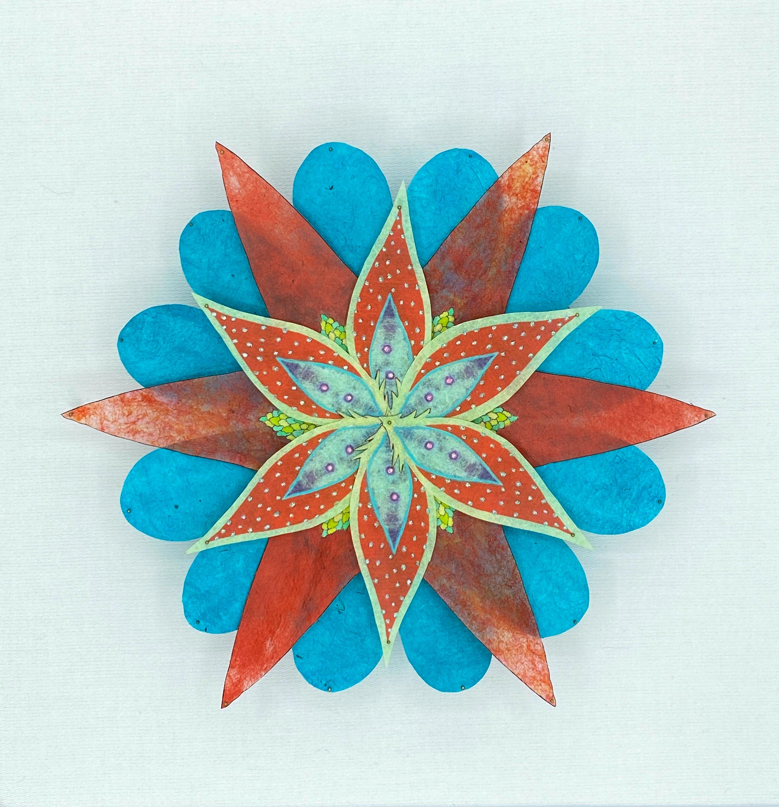 Jill Parisi Abstract Sculpture - Fanfare Star, Teal Blue, Red Colorful Botanical Paper Flower Wall Sculpture