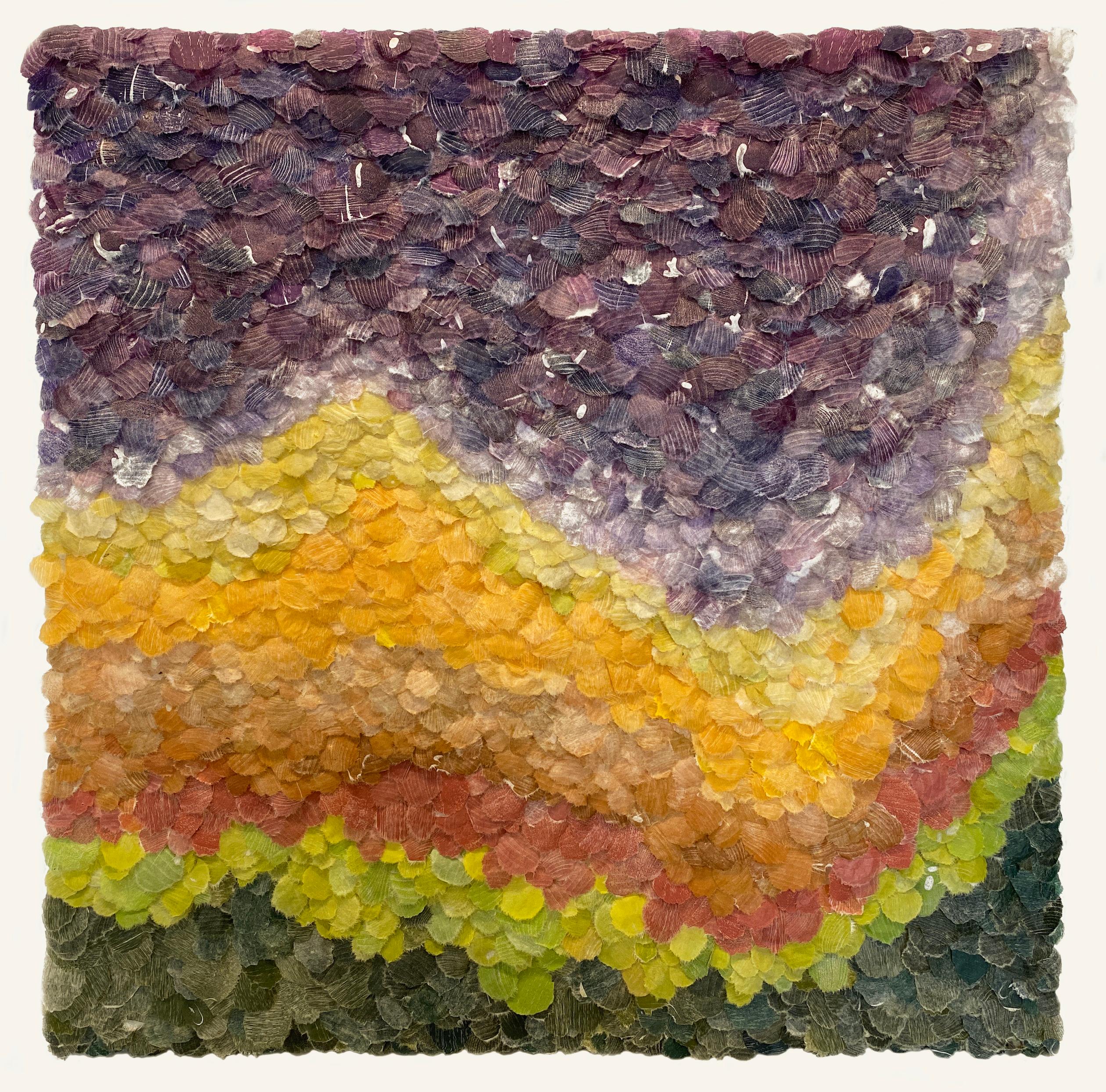 Jill Parisi Abstract Sculpture - Sinuous Array - Golden Yellow Purple Green Coral Paper Plant Wall Sculpture 2021