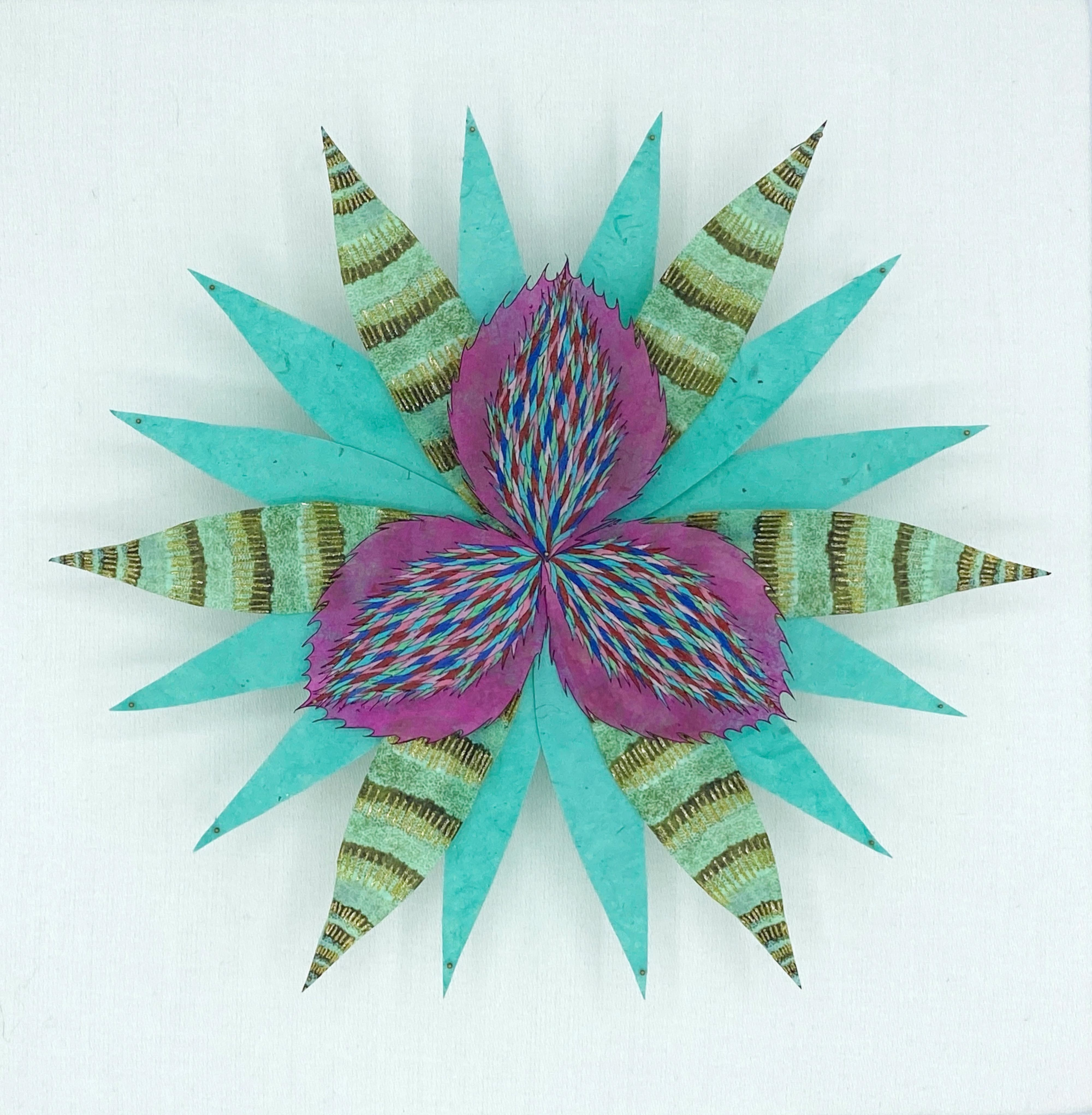 Trillium Star, Colorful Botanical Paper Wall Sculpture, Teal Blue, Purple, Green