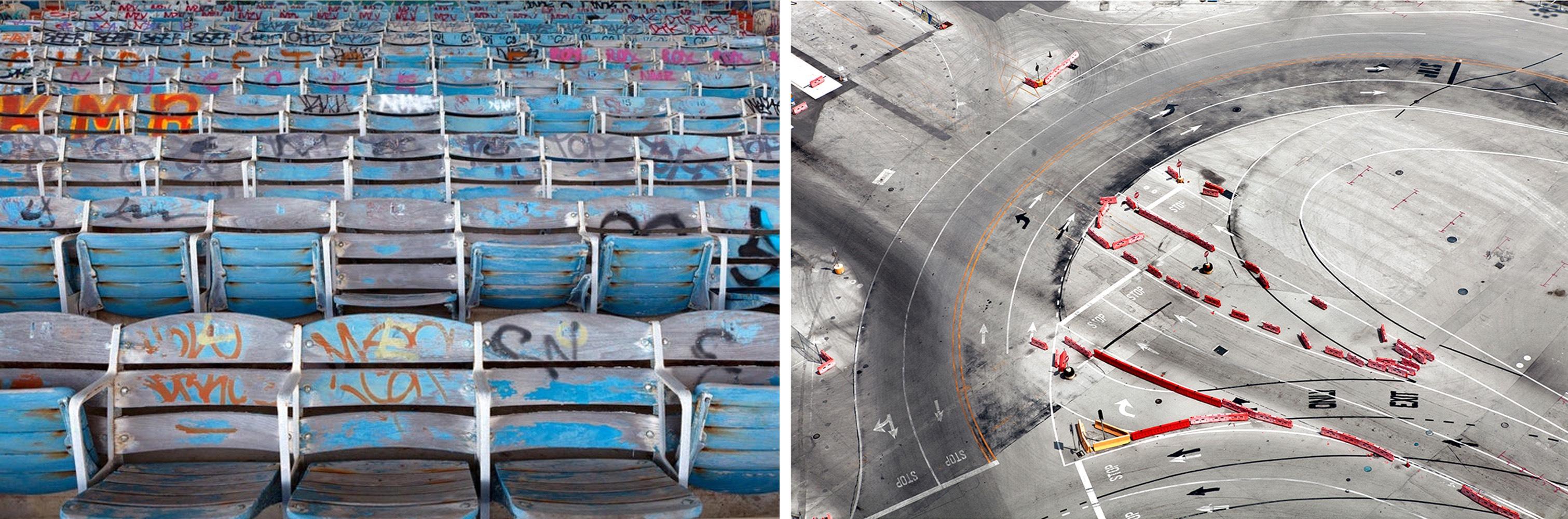 Jill Peters Landscape Photograph - Bleachers and Port of Miami, Diptych. From the Architecture Series