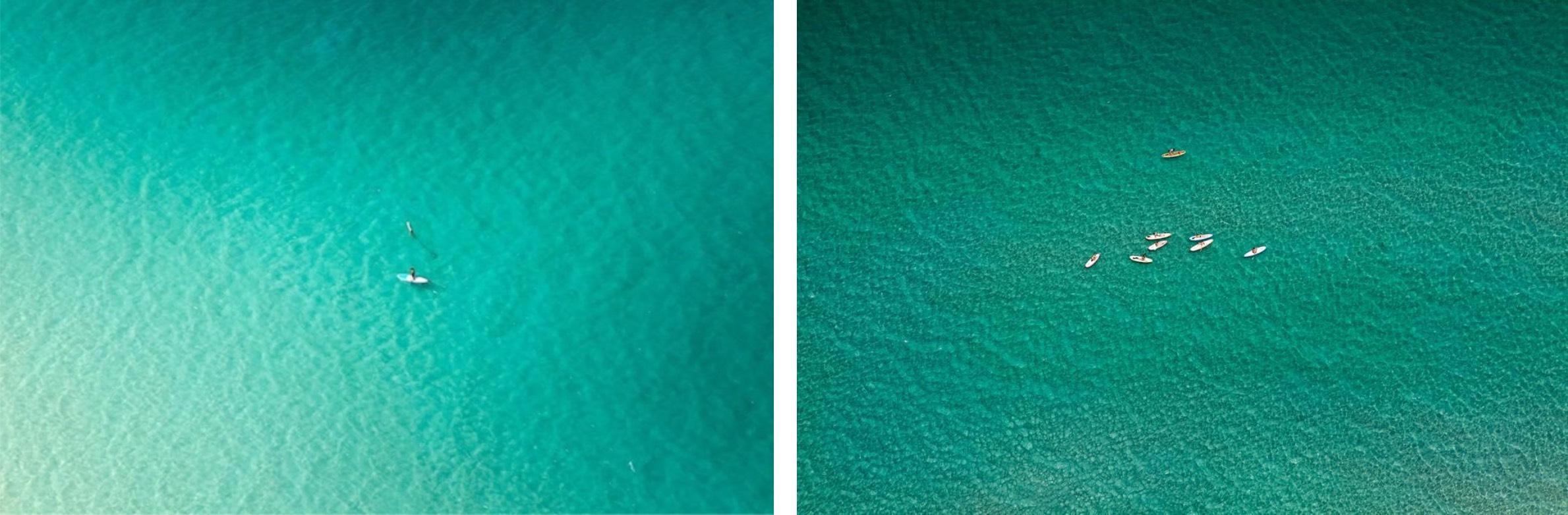 Landscape Photograph di Jill Peters - Paddle Boarder e Paddle Boarder solitari. Fotografia a colori del paesaggio oceanico