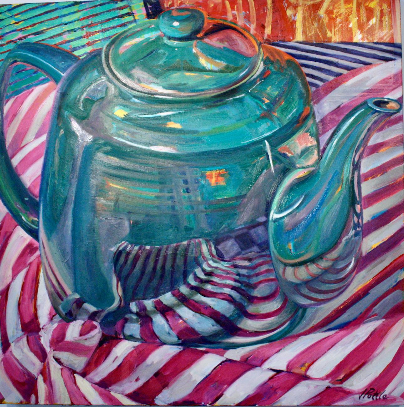 "Green Pot", still life, retro, high chroma, stripes, oil painting - Painting by Jill Pottle