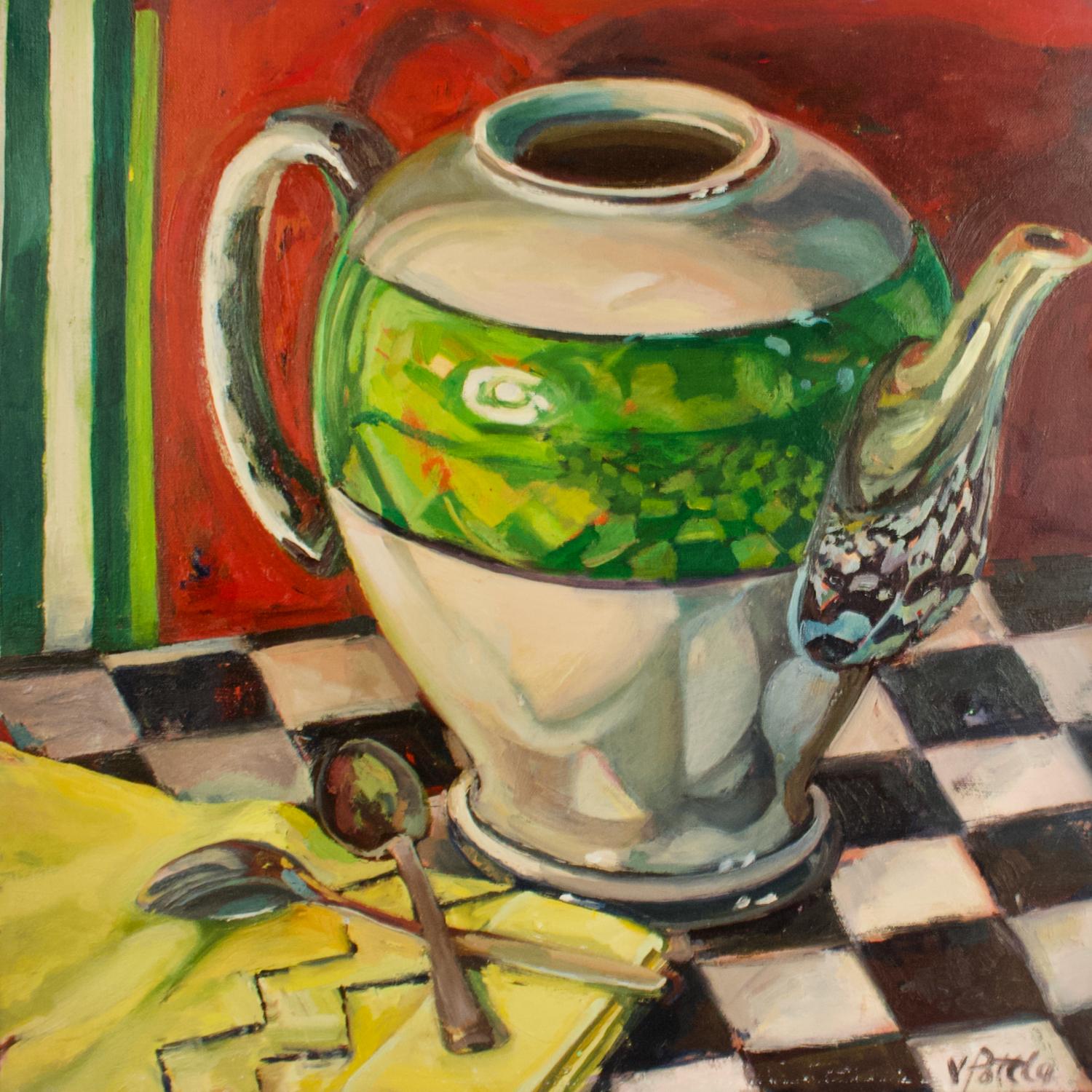 Jill Pottle Still-Life Painting - "Green Stripe Teapot", contemporary, green, red, black, still life, oil painting