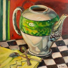 "Green Stripe Teapot", zeitgenössisch, grün, rot, schwarz, Stillleben, Ölgemälde