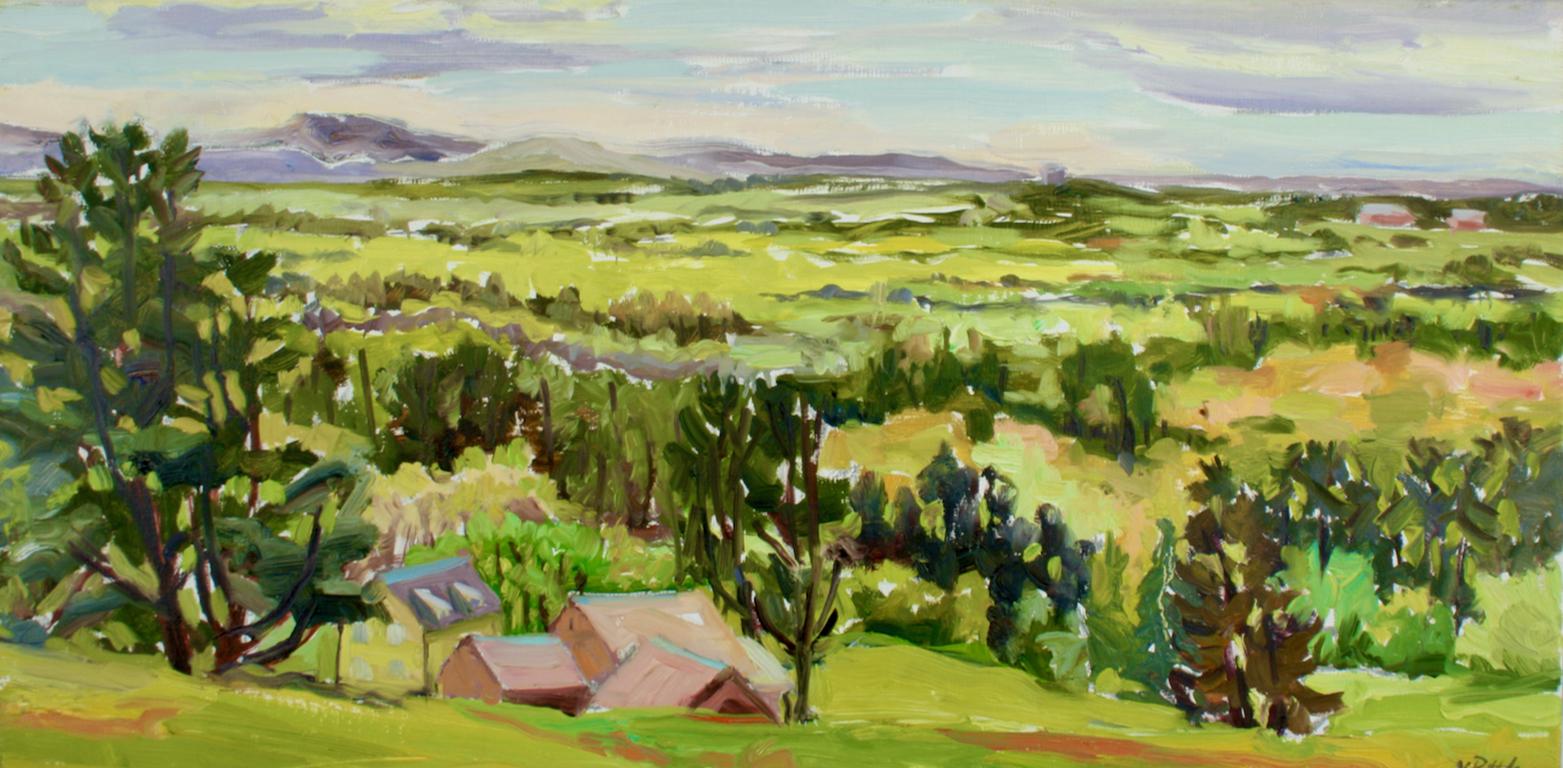 "Late May", contemporary, landscape, green, blue, oil painting - Painting by Jill Pottle