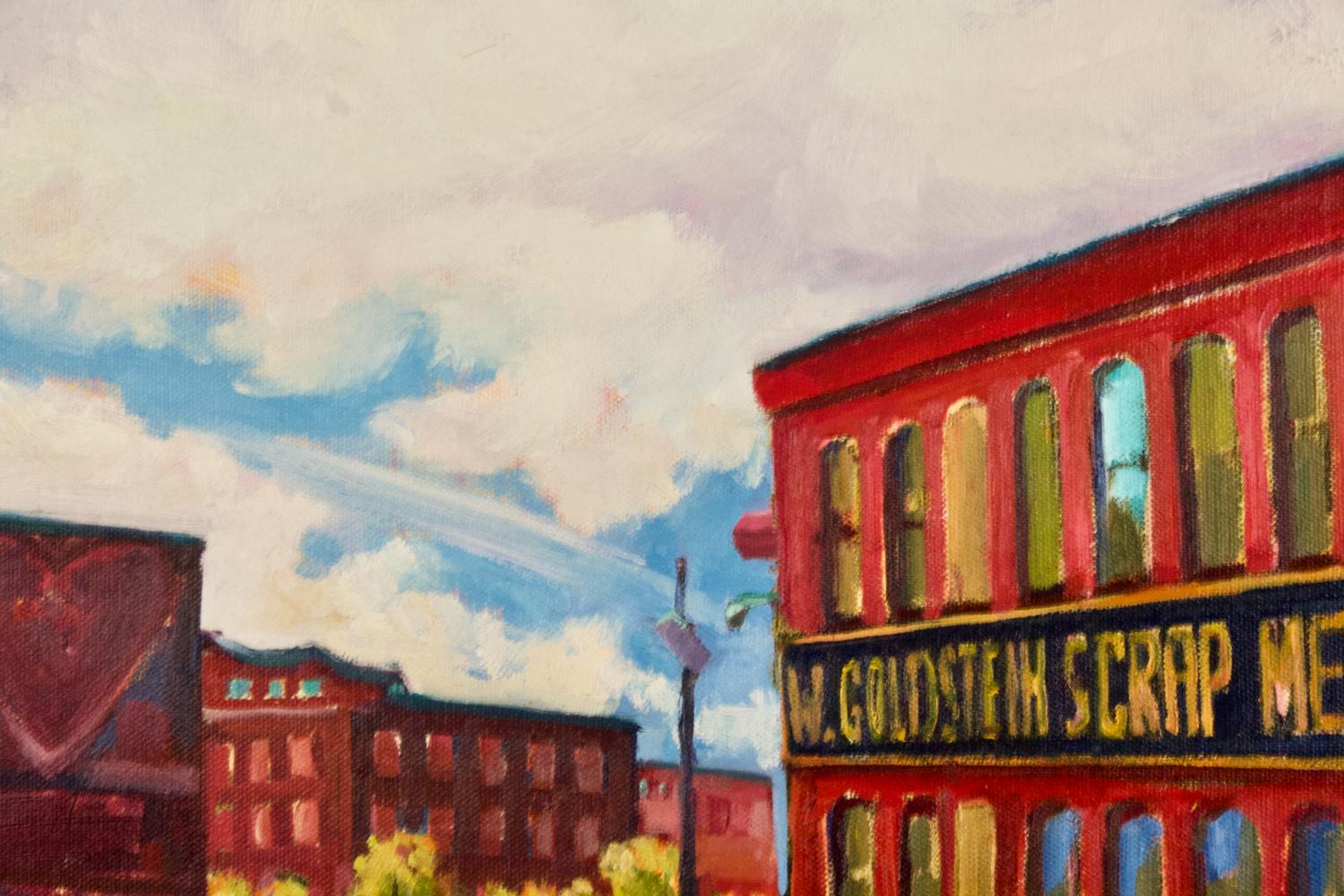 Jill Pottle’s urban landscape titled “View from train station, Worcester, MA” is an oil painting on canvas and part of a series of urban-scapes. Note the rich underpainting with the strong reds of the industrial buildings with dramatic perspective