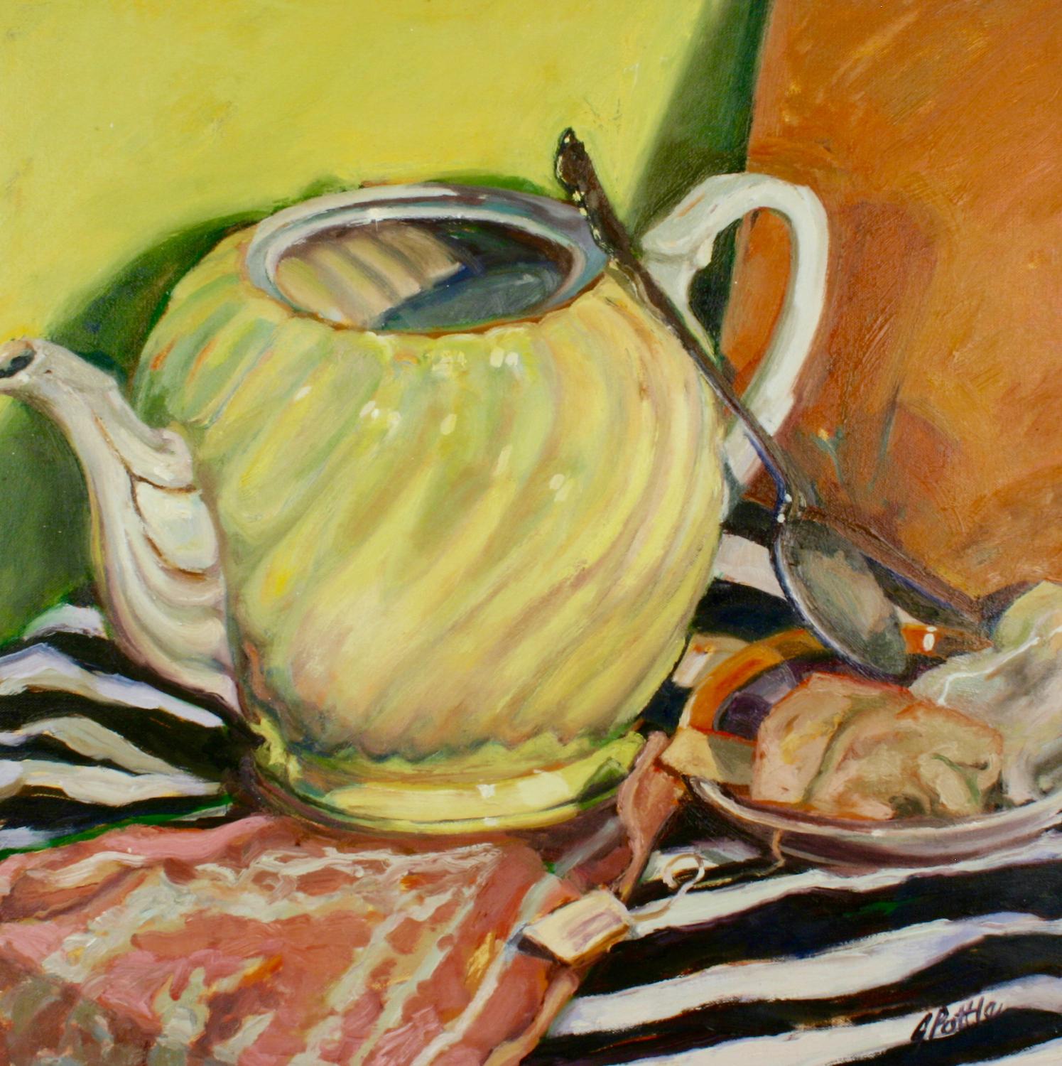 Jill Pottle Still-Life Painting - "Yellow Swirl Teapot", contemporary, still life, orange, black, oil painting
