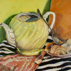 "Yellow Swirl Teapot", zeitgenössisch, stillleben, orange, schwarz, Ölgemälde