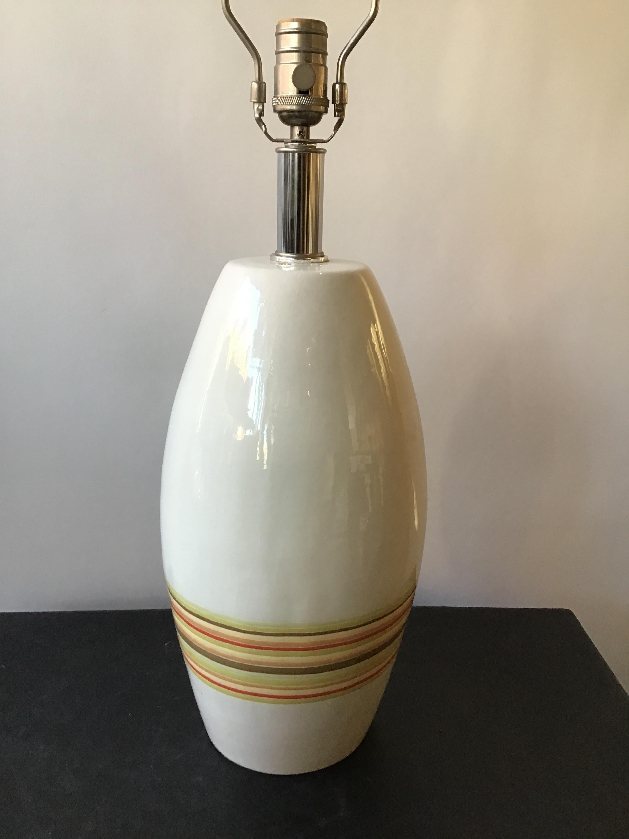 Jill Rosenwald handmade in Boston, ceramic striped lamp. Hand painted.