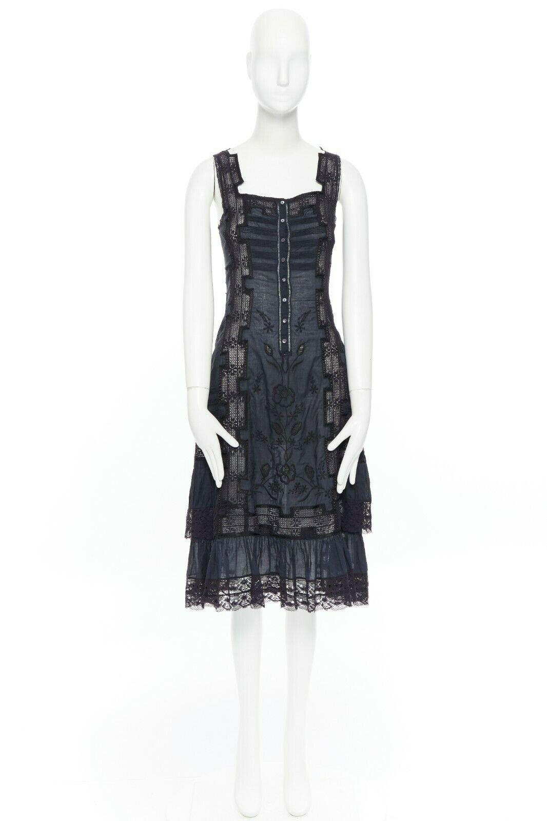 JILL STUART 100% algodón negro bordado anglaise floral vestido bohemio XS Negro