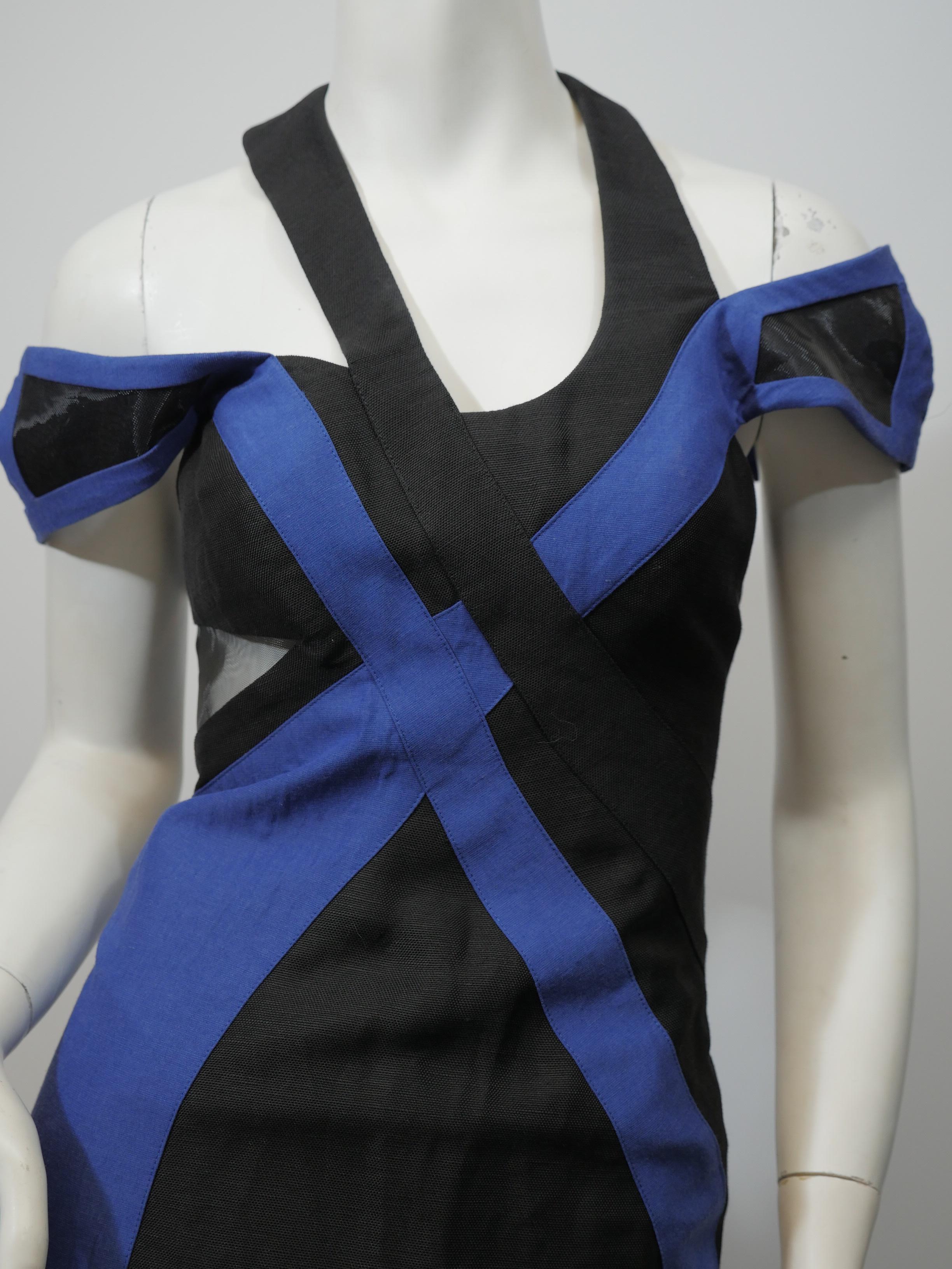 Sleeveless Abstract Blue Color Block Dress, Sheer Rib Detail, Knee Length, Open Shoulder, Linen Blend