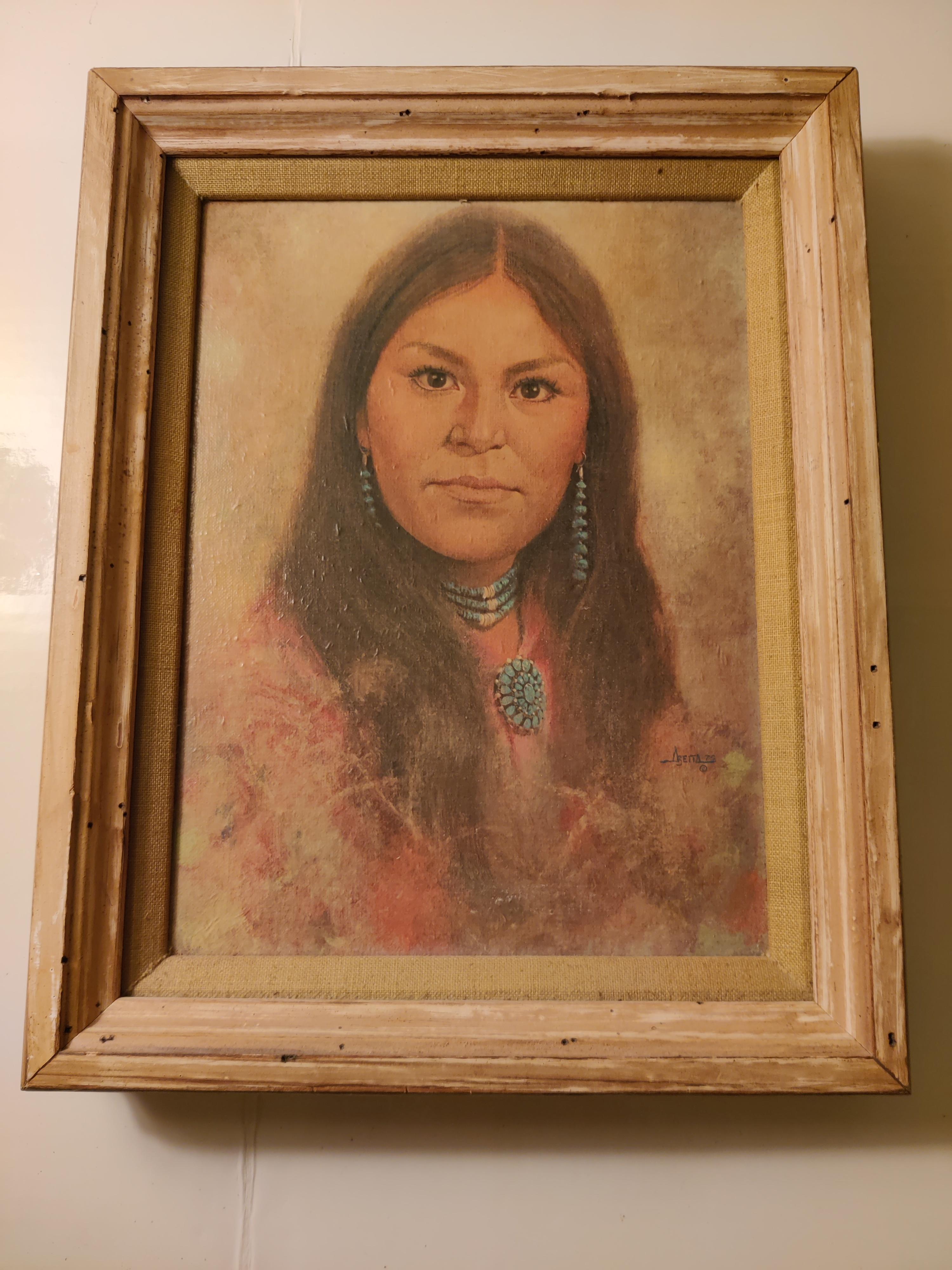 20th Century Jim Abeita Navajo Oil Painting Portrait of Native Woman