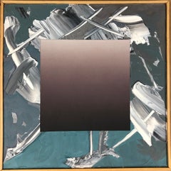 Abstraktes Gemälde ohne Titel von Jim Alford, abstrakte Bewertung, himmelblau, mauvefarben, weiß