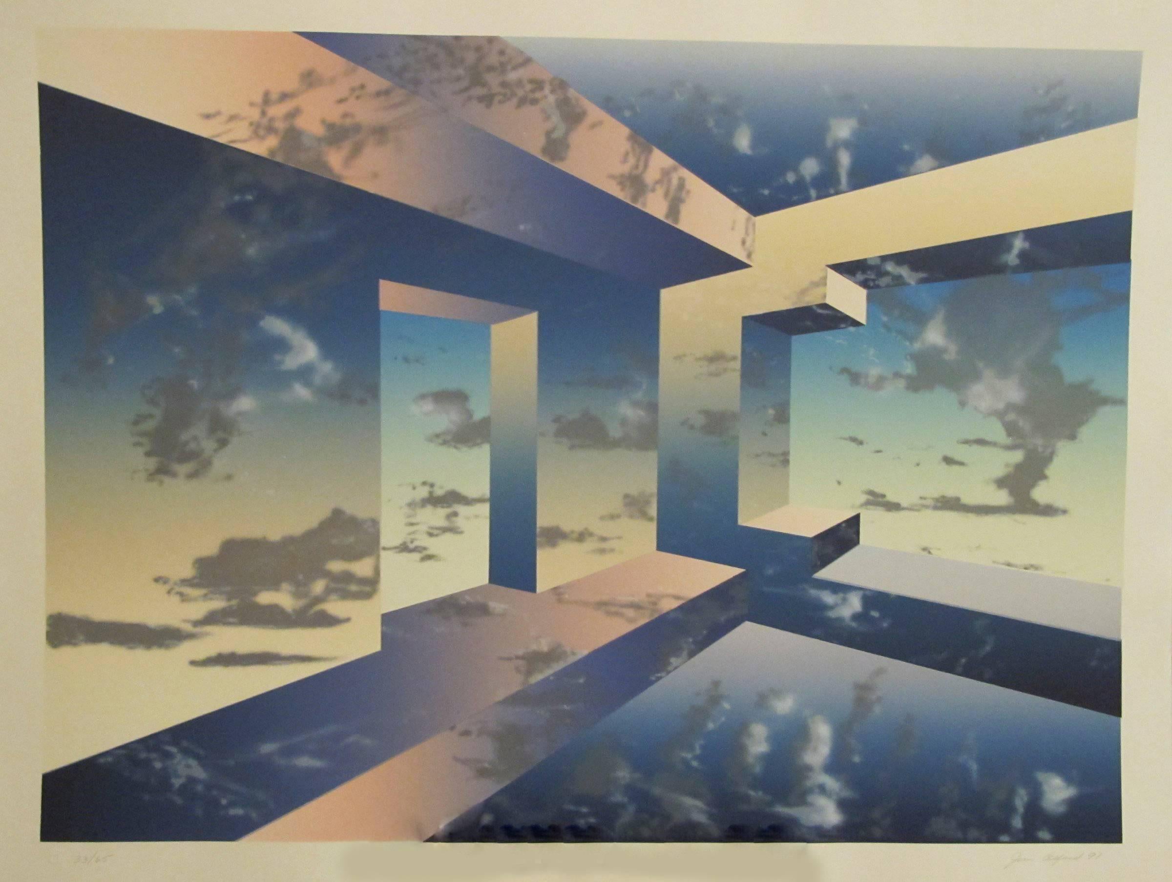 Room for Montgomery, lithographie abstraite nuages bleu ciel, Jim Alford, Santa Fe