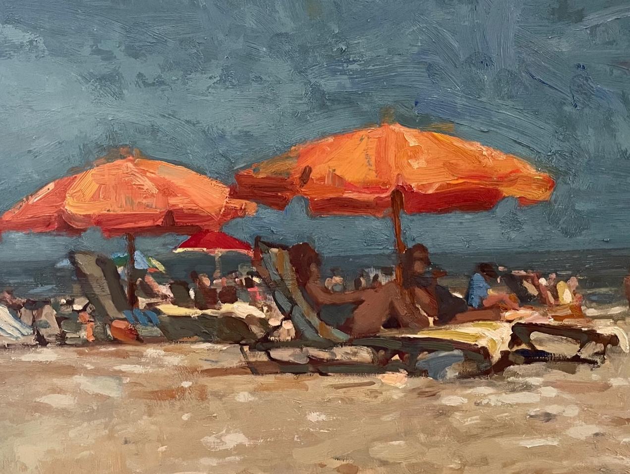 Tarde en la playa, Óleo sobre tabla,  Impresionismo, 18 x 24 , Artista estadounidense - Painting de Jim Beckner