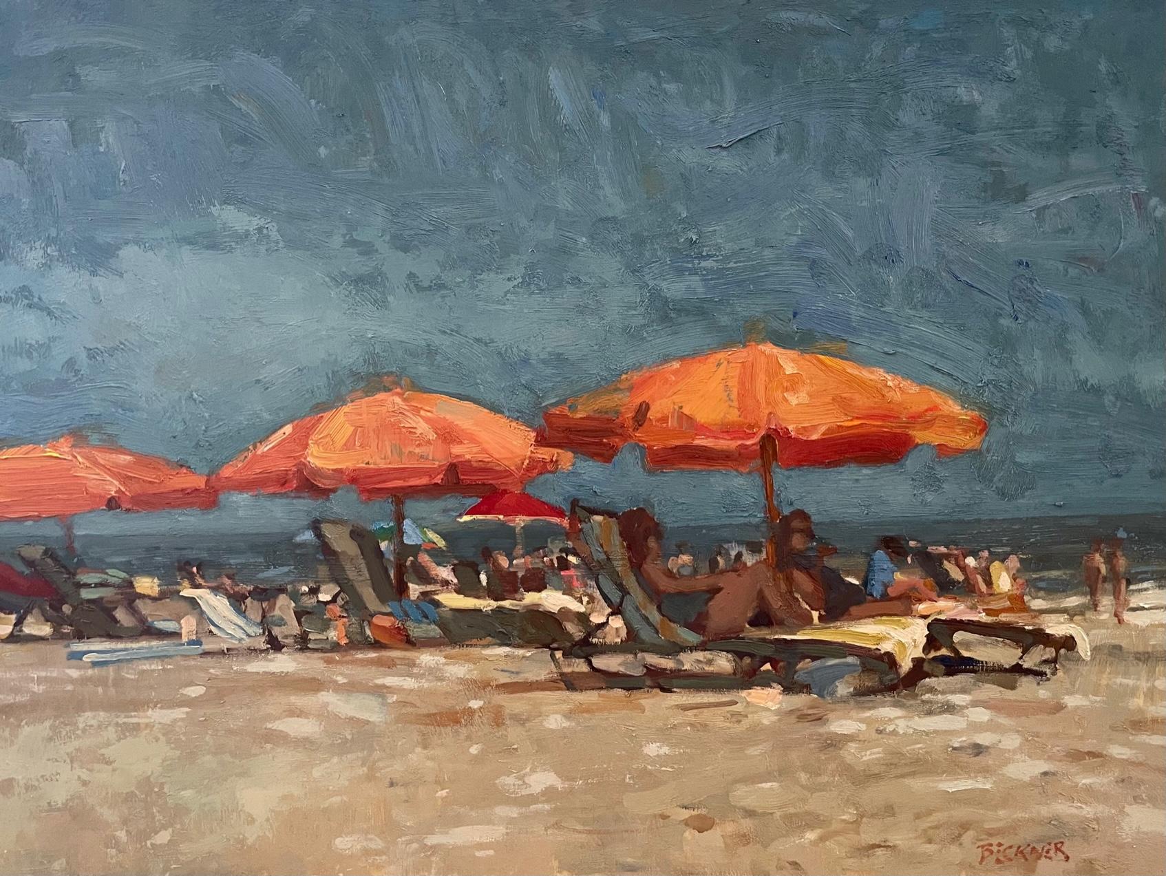 Afternoon at the Beach, Oil on Panel,  Impressionism, 18 x 24 , American Artist - Gray Landscape Painting by Jim Beckner