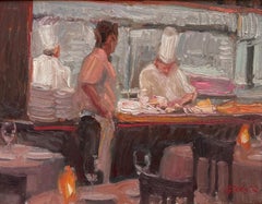 « Au comptoir », peinture à l'huile du chef et du serveur par Jim Beckner