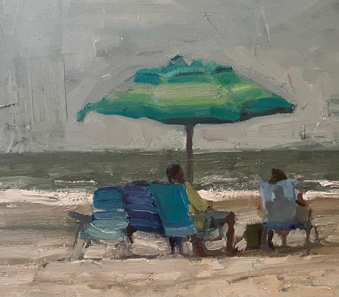 DANA BEACH IN GRAYS Oil on Panel,  Impressionism 18x24,  CA Beaches Figurative - Painting by Jim Beckner