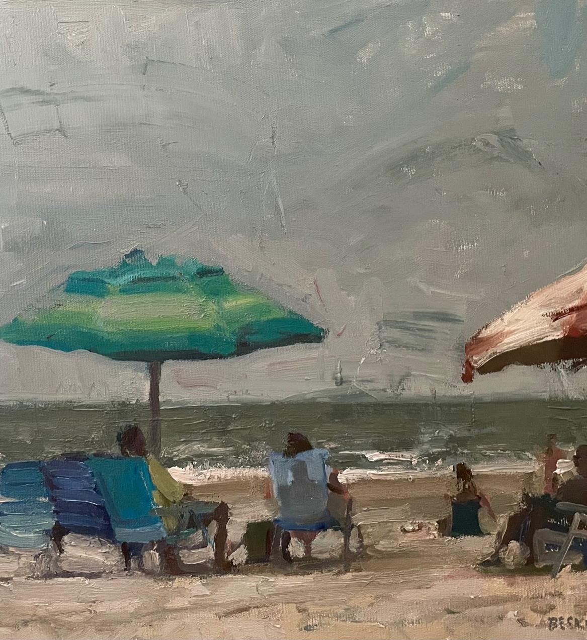 DANA BEACH IN GRAYS Oil on Panel,  Impressionism 18x24,  CA Beaches Figurative - American Impressionist Painting by Jim Beckner