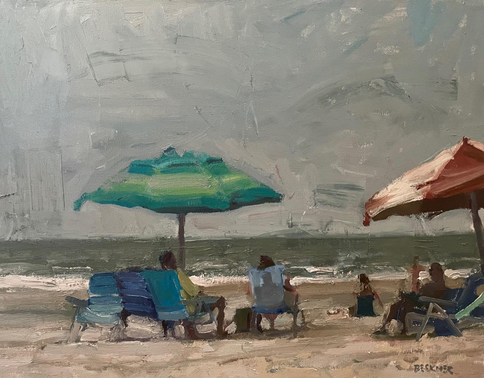 DANA BEACH IN GRAYS Oil on Panel,  Impressionism 18x24,  CA Beaches Figurative - Gray Figurative Painting by Jim Beckner