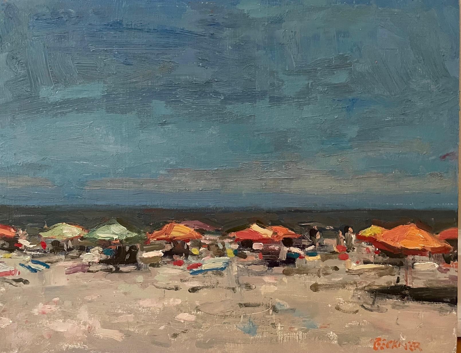 Dana Beach in Grays is an example of the bright colors that Beckner uses in his paintings. Jim Beckner just finished a series of beach paintings. All of them can be seen below and available.  The Dana Gray Umbrella series was painted in 20022 in