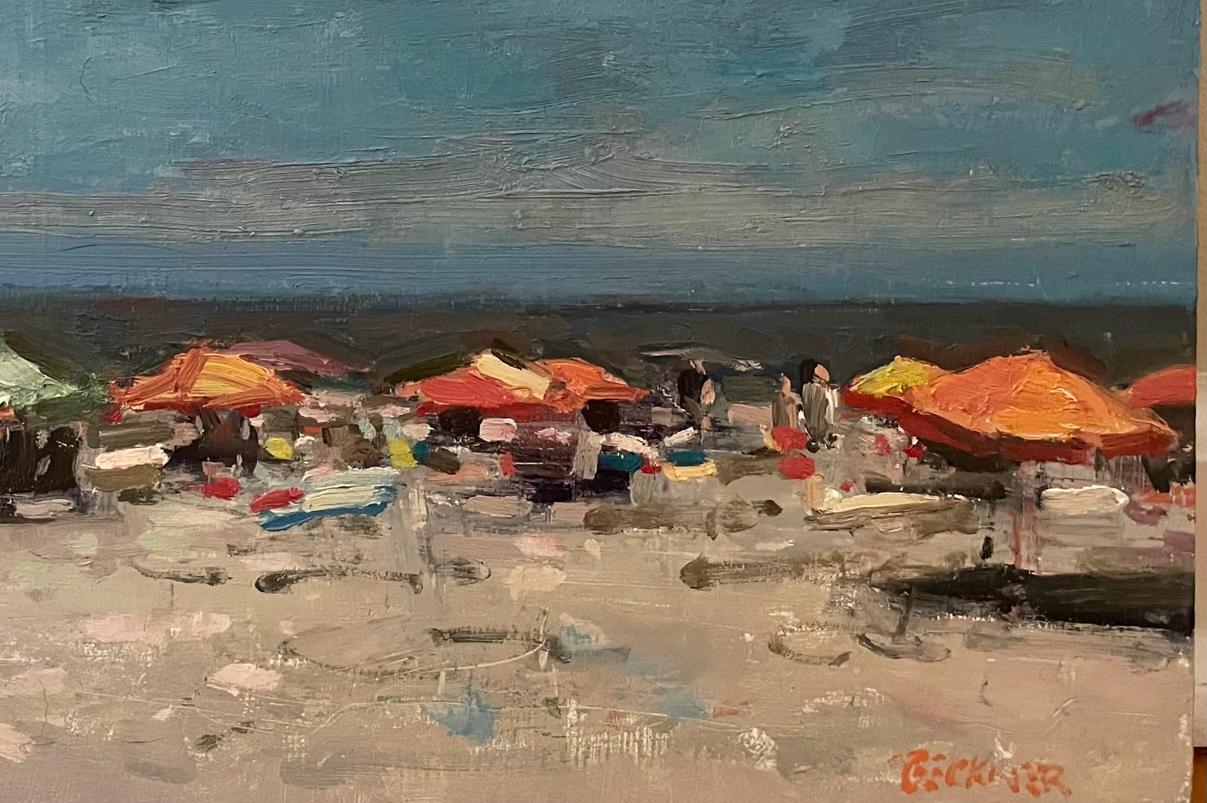 Beach Umbrellas, Oil on Panel,  Impressionism, 11 x 14, American Artist - Painting by Jim Beckner
