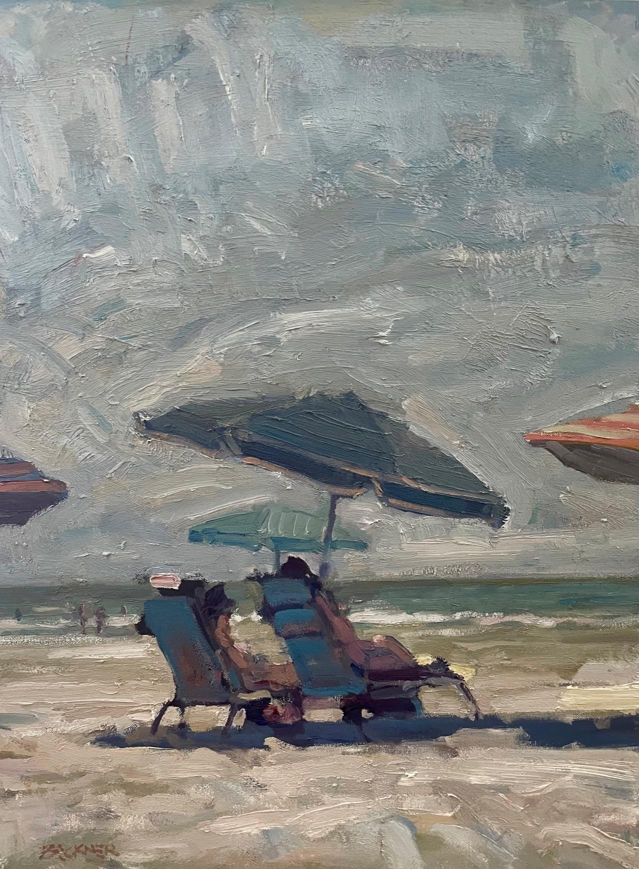 Beach Umbrellas, Oil on Panel,  Impressionism, 11 x 14, American Artist - Gray Landscape Painting by Jim Beckner