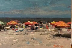 Parapluies de plage, huile sur panneau  Impressionnisme, 11 x 14, artiste américain