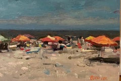 Beach Umbrellas, Öl auf Platte, Impressionismus, 11 x 14, amerikanischer Künstler