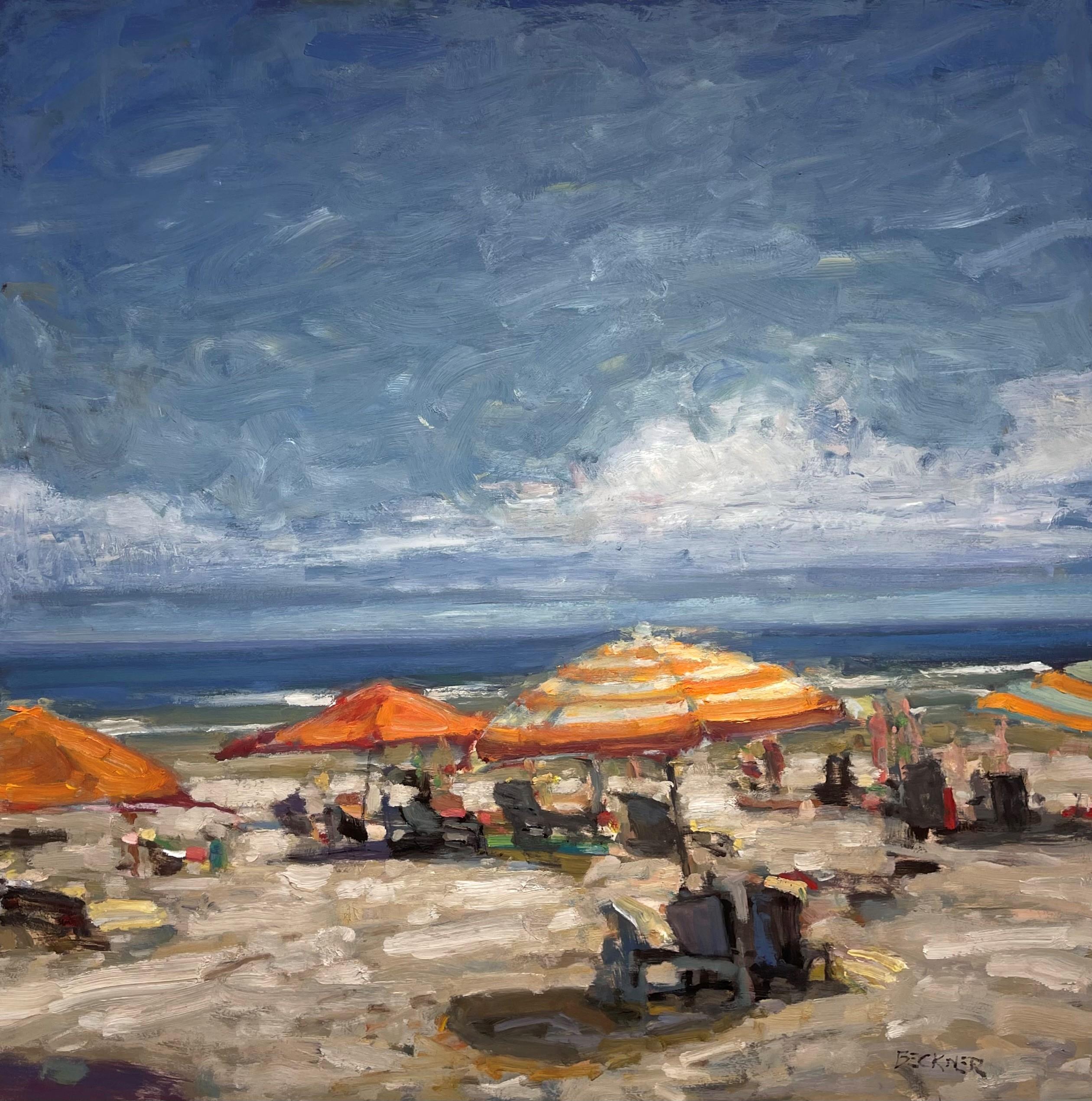 Jim Beckner's (US based) "Beaches 10" is an original, handmade oil painting depicting a beach scene with colorful striped umbrellas shading lounging beach goers.  

About the Artist:

(Born 1970)
Denver-based artist Jim Beckner creates vibrant urban
