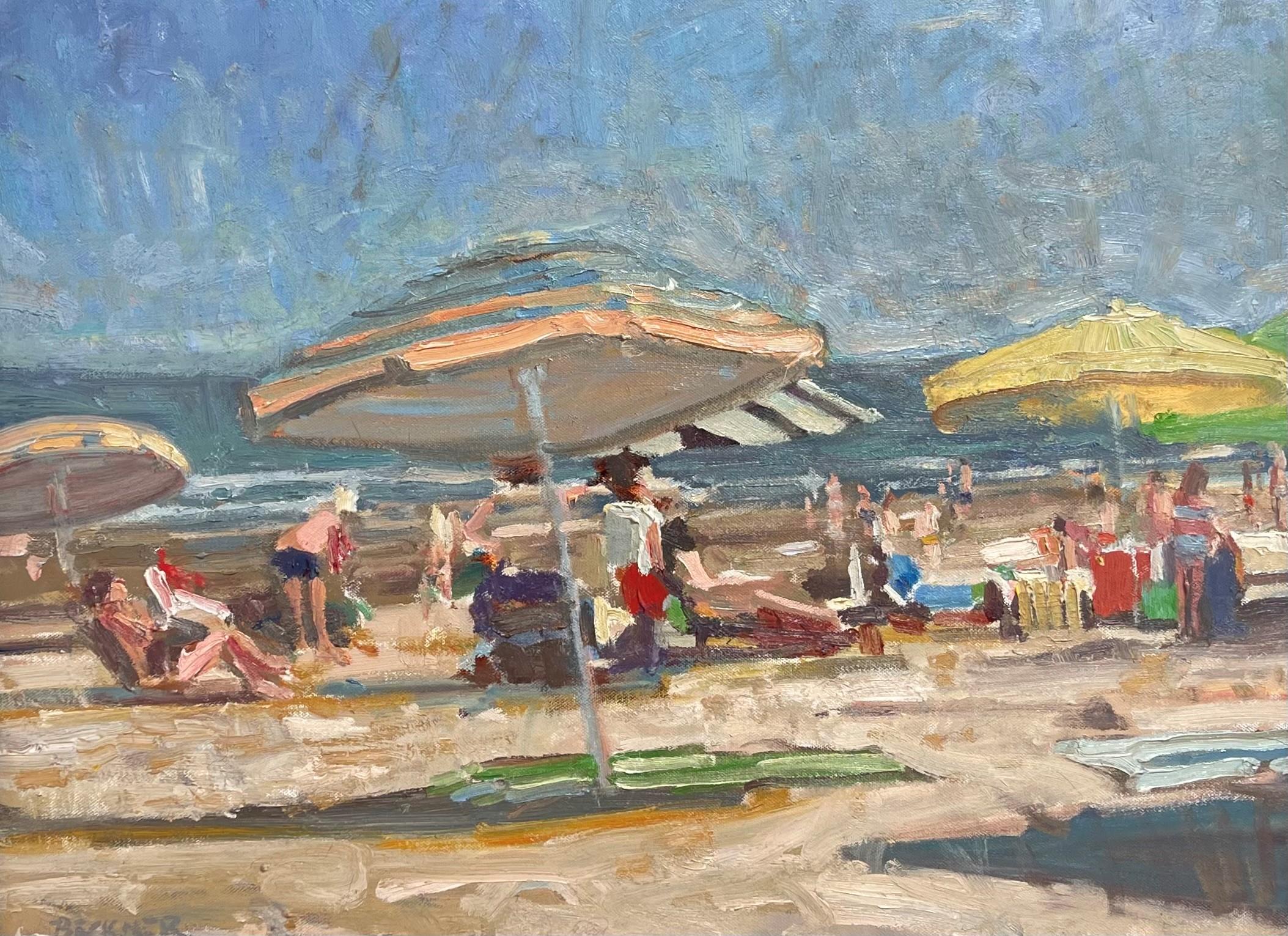 Jim Beckner's (US based) "Beaches 7" is an original, handmade oil painting depicting a beach scene with colorful striped umbrellas shading lounging beach goers.  

About the Artist:

(Born 1970)
Denver-based artist Jim Beckner creates vibrant urban