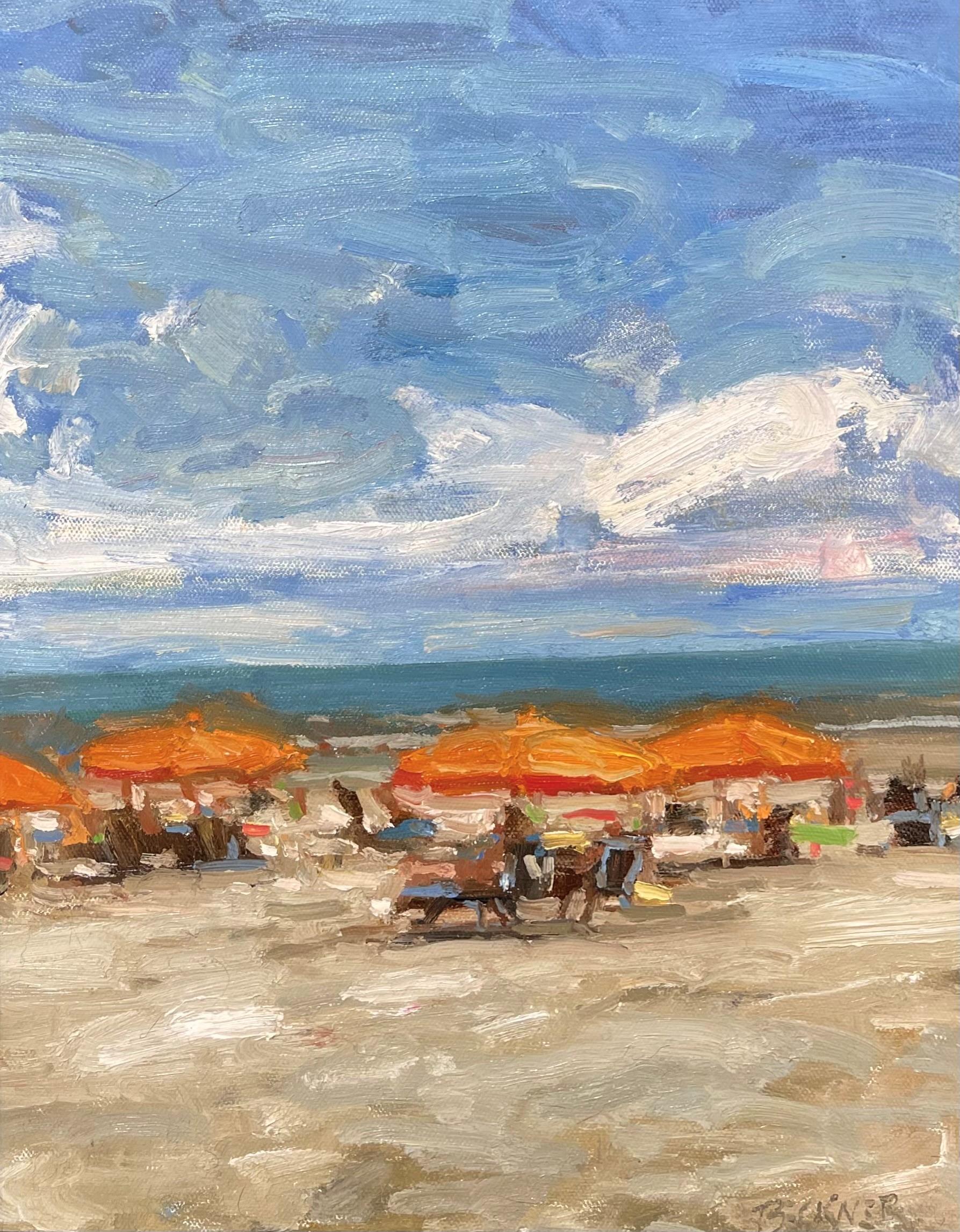 Jim Beckners (USA) "Beaches 9" ist ein handgefertigtes Original-Ölgemälde, das eine Strandszene mit farbenfrohen, orangefarbenen Sonnenschirmen zeigt, die faulenzende Strandbesucher beschatten.  

Über den Künstler:

(Geboren 1970)
Der in Denver
