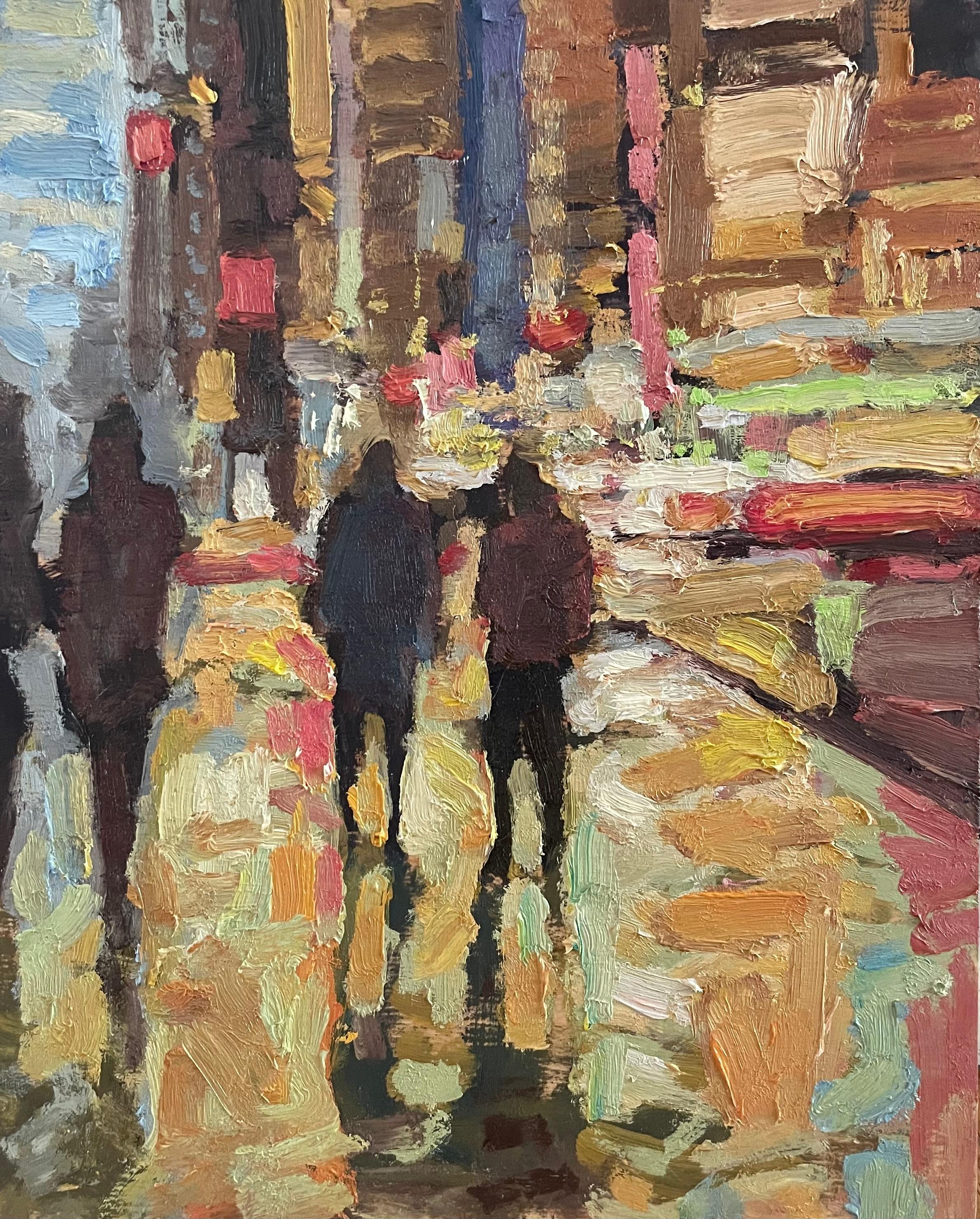 "Bright Lights" di Jim Beckner (USA) è un dipinto a olio originale, realizzato a mano, che raffigura dei pedoni che passeggiano di notte lungo una strada cittadina illuminata a giorno. 

Informazioni sull'artista:

(Nato nel 1970)
L'artista Jim