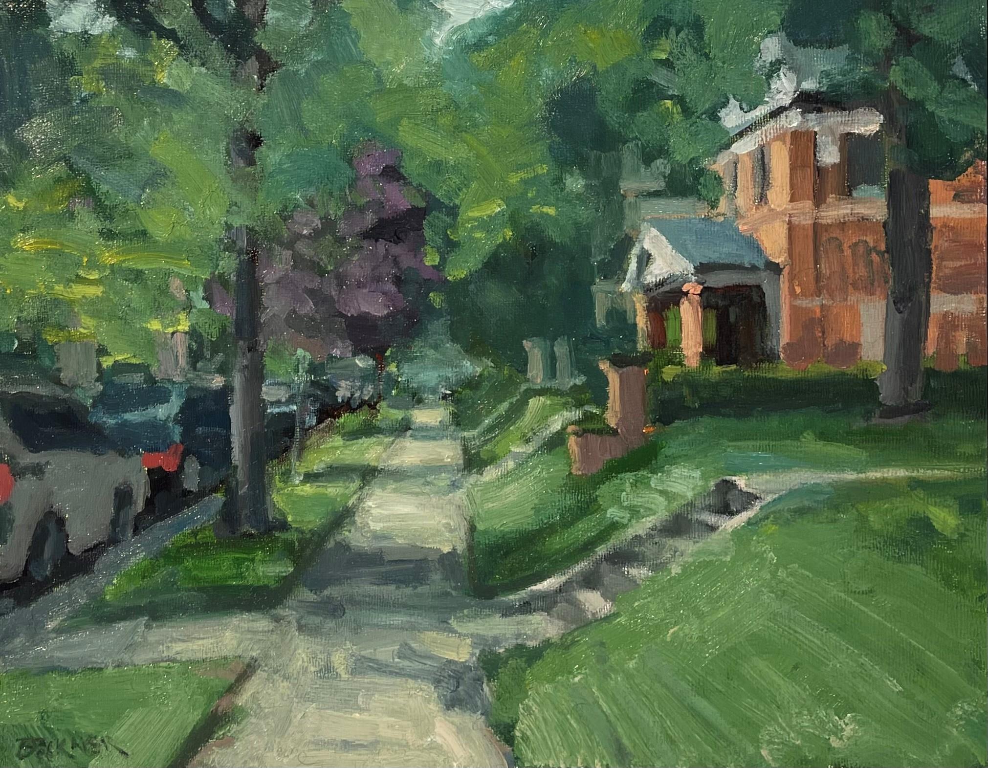 Vecindario de Denver", de Jim Beckner (EE.UU.), es un óleo original hecho a mano que representa una tranquila calle de Denver, adornada con árboles maduros y una majestuosa casa de ladrillo. 

Sobre el artista:

(Nacida en 1970)
Jim Beckner, artista