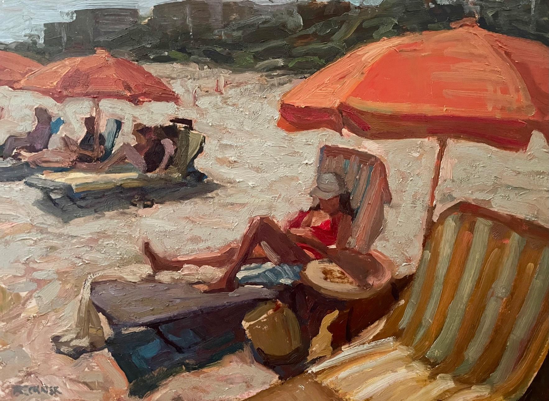 Hilton Head Beach, Oil on Panel,  Impressionism, 18 x 24 , American Artist,  Sun - Painting by Jim Beckner