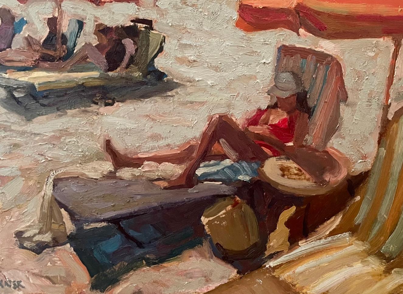 Hilton Head Beach, Oil on Panel,  Impressionism, 18 x 24 , American Artist,  Sun - American Impressionist Painting by Jim Beckner