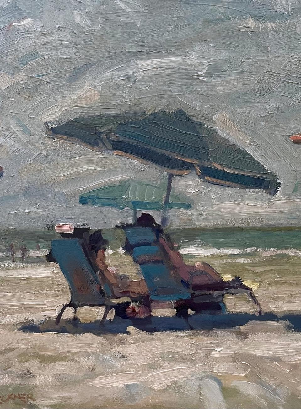 Hilton Head Beach, Oil on Panel,  Impressionism, 18 x 24 , American Artist,  Sun - Brown Landscape Painting by Jim Beckner