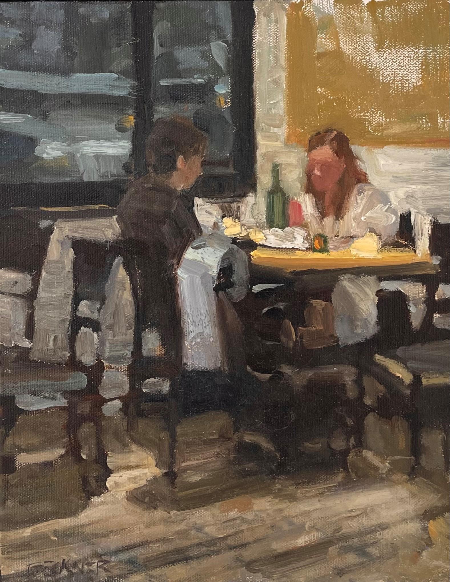 Cena tardía", de Jim Beckner (EE.UU.), es un óleo original hecho a mano que representa a una pareja sentada a la mesa disfrutando de una cena íntima.    

Sobre el artista:

(Nacida en 1970)
Jim Beckner, artista afincado en Denver, crea vibrantes