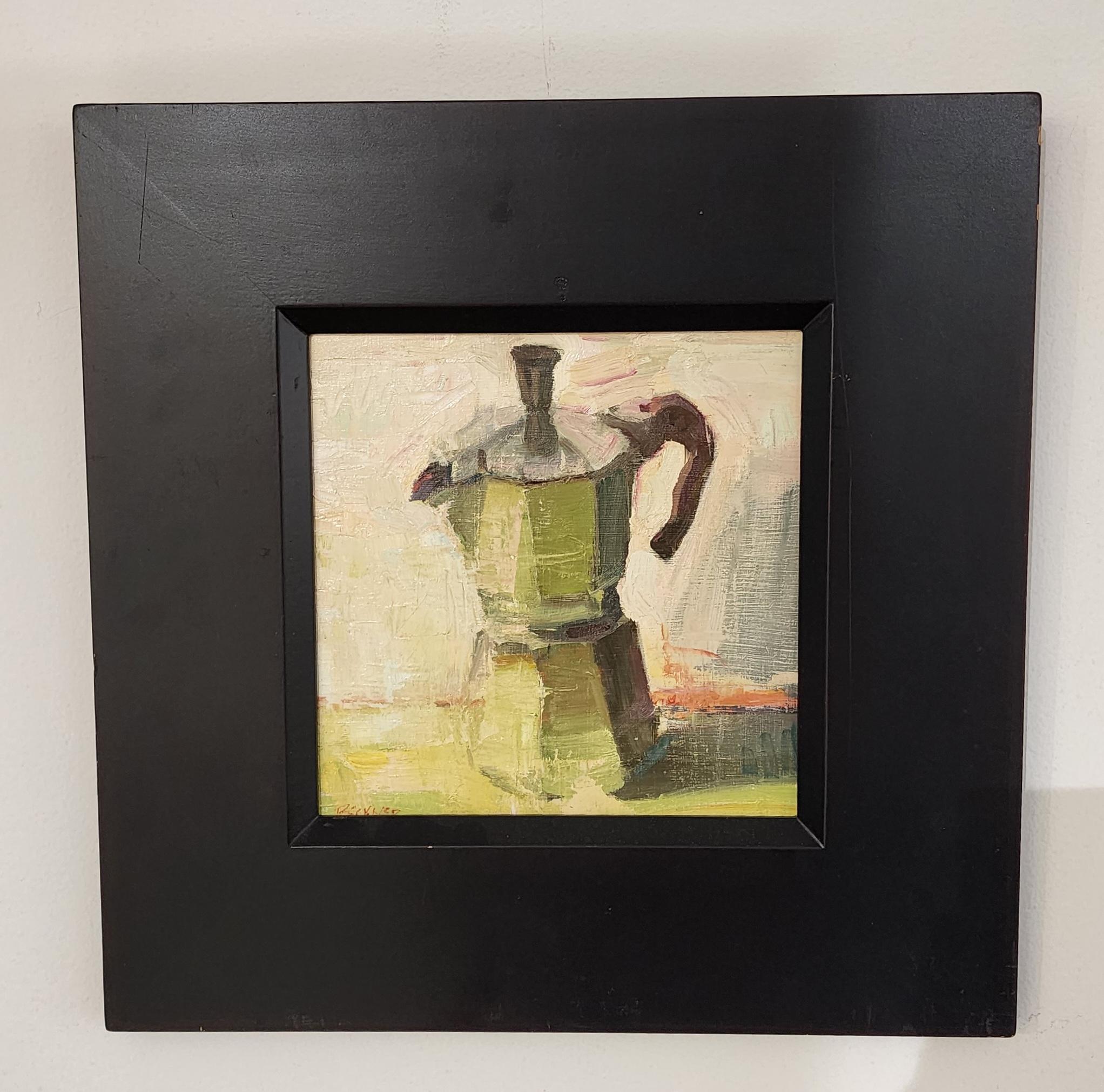 Moka Espresso, Oil on Panel,  Impressionism, 10 x 10 Framed, American Artist - Painting by Jim Beckner