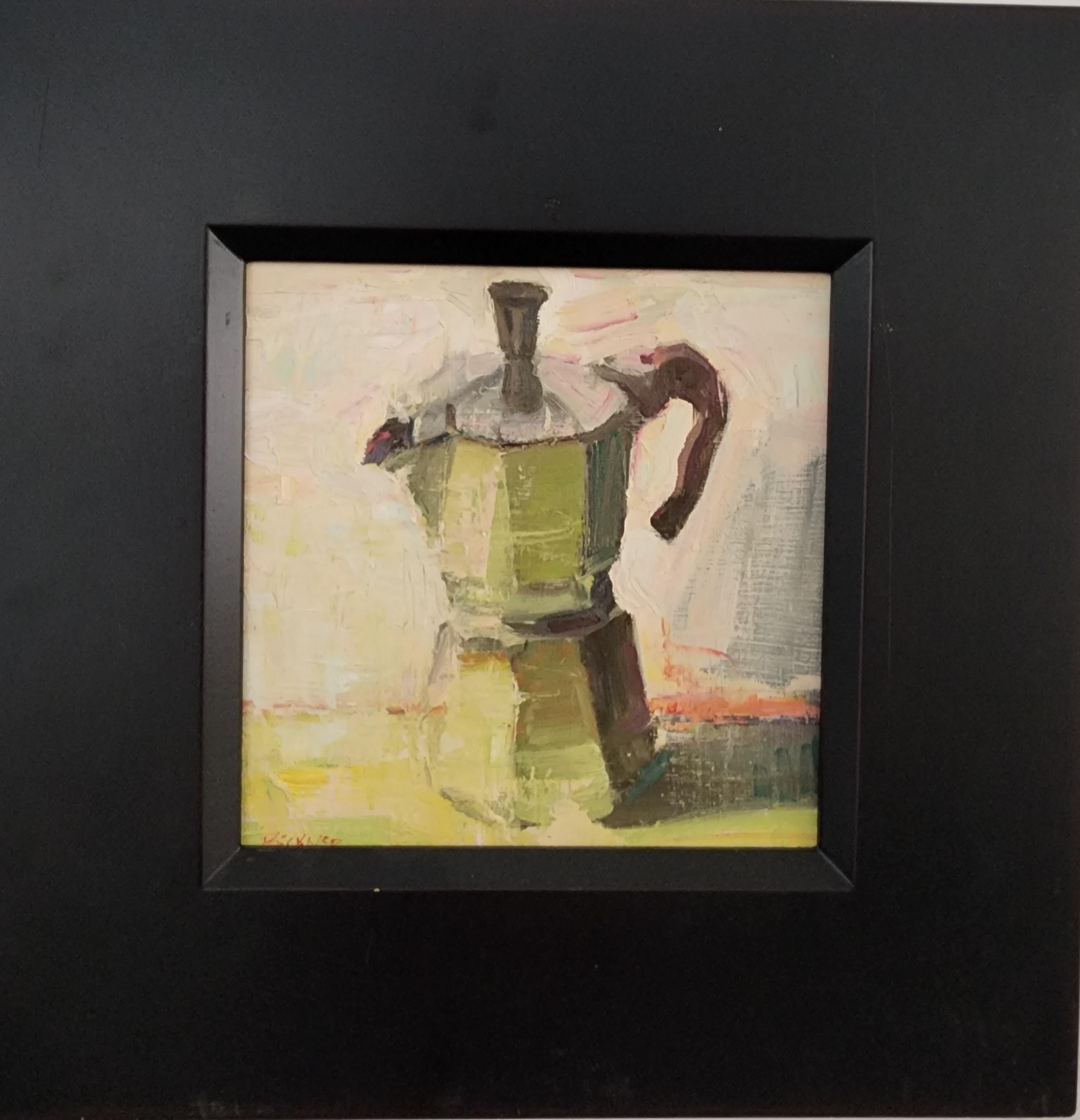 Moka Espresso, Oil on Panel,  Impressionism, 10 x 10 Framed, American Artist - American Impressionist Painting by Jim Beckner