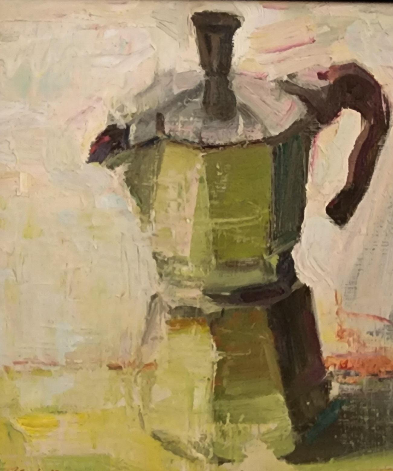 Espresso moka, huile sur panneau,  Impressionnisme, 10 x 10 Encadré, artiste américain - Marron Still-Life Painting par Jim Beckner