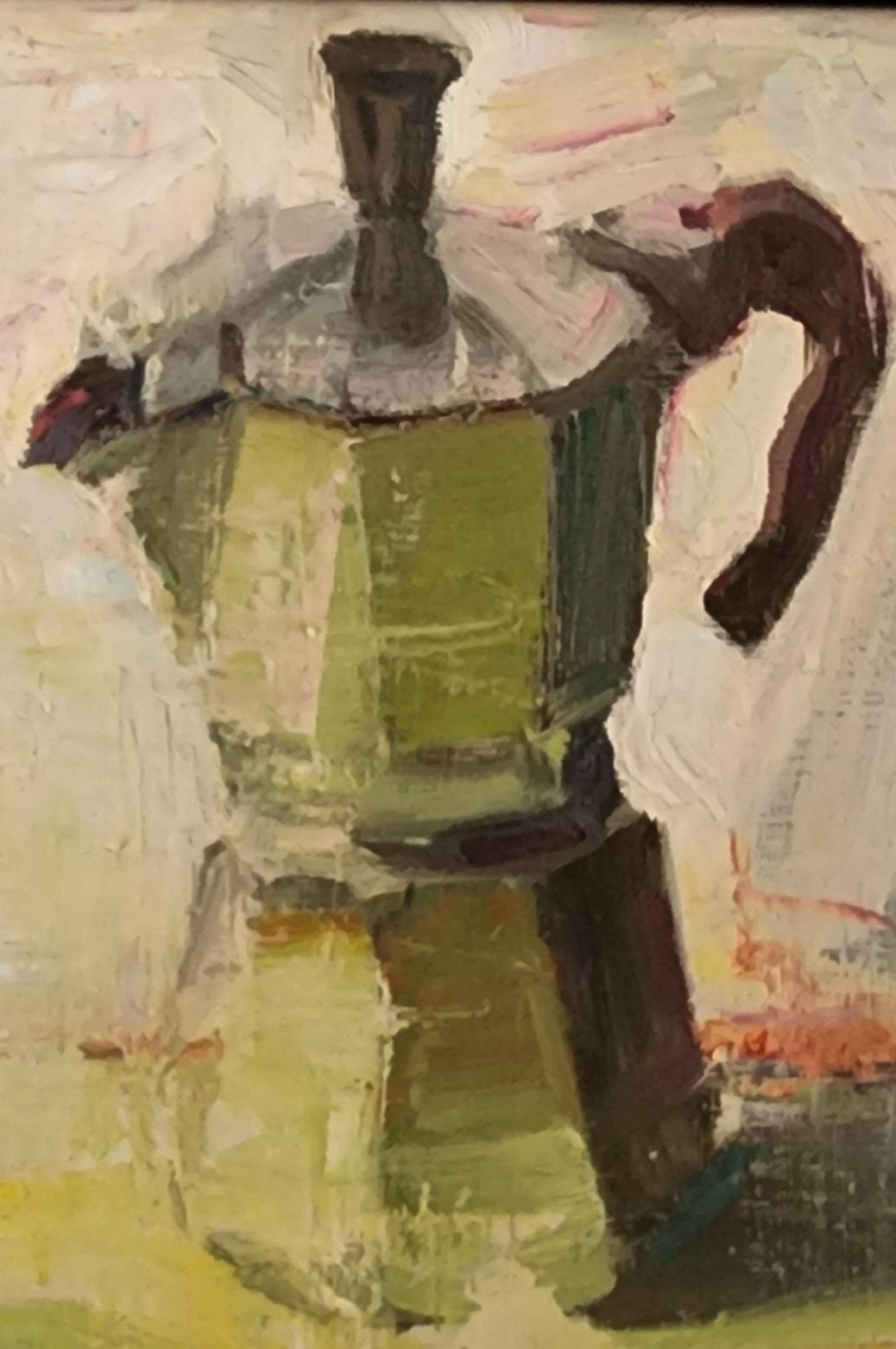 Moka Espresso is an example of the bright colors that Beckner uses in his paintings. 
Jim Beckner’s art vibrates with the pulse of the city. His edgy and energetic paintings give one a sense of motion, and though his subject is gritty, the colors