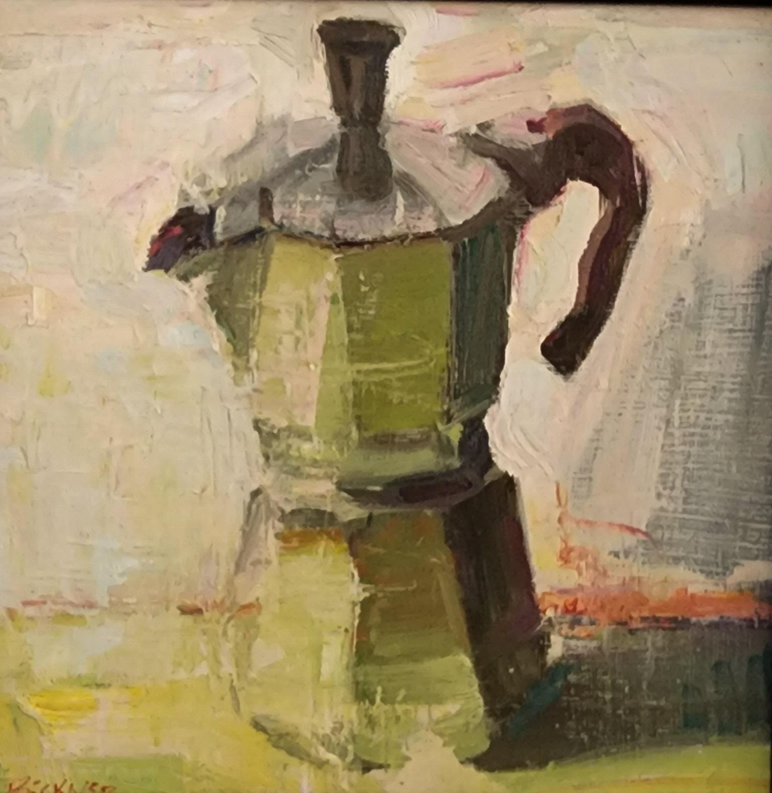 Still-Life Painting Jim Beckner - Espresso moka, huile sur panneau,  Impressionnisme, 10 x 10 Encadré, artiste américain