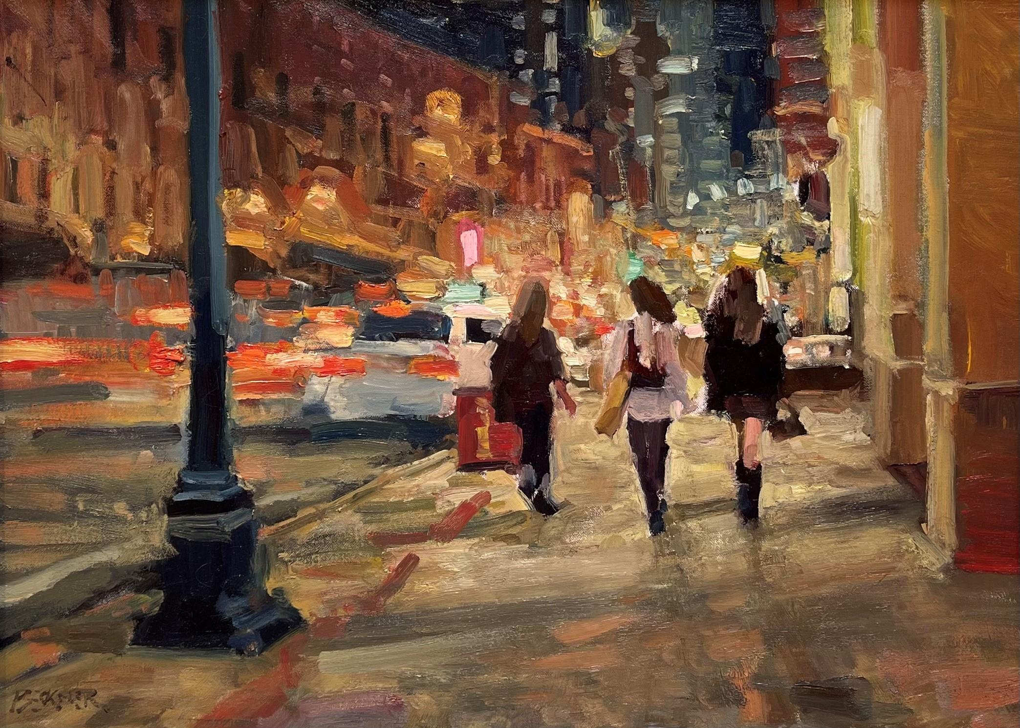 Night Out", de Jim Beckner (EE.UU.), es un óleo original hecho a mano que representa a un grupo de amigos paseando de noche por una calle de la ciudad muy iluminada. 

Sobre el artista:

(Nacida en 1970)
Jim Beckner, artista afincado en Denver, crea