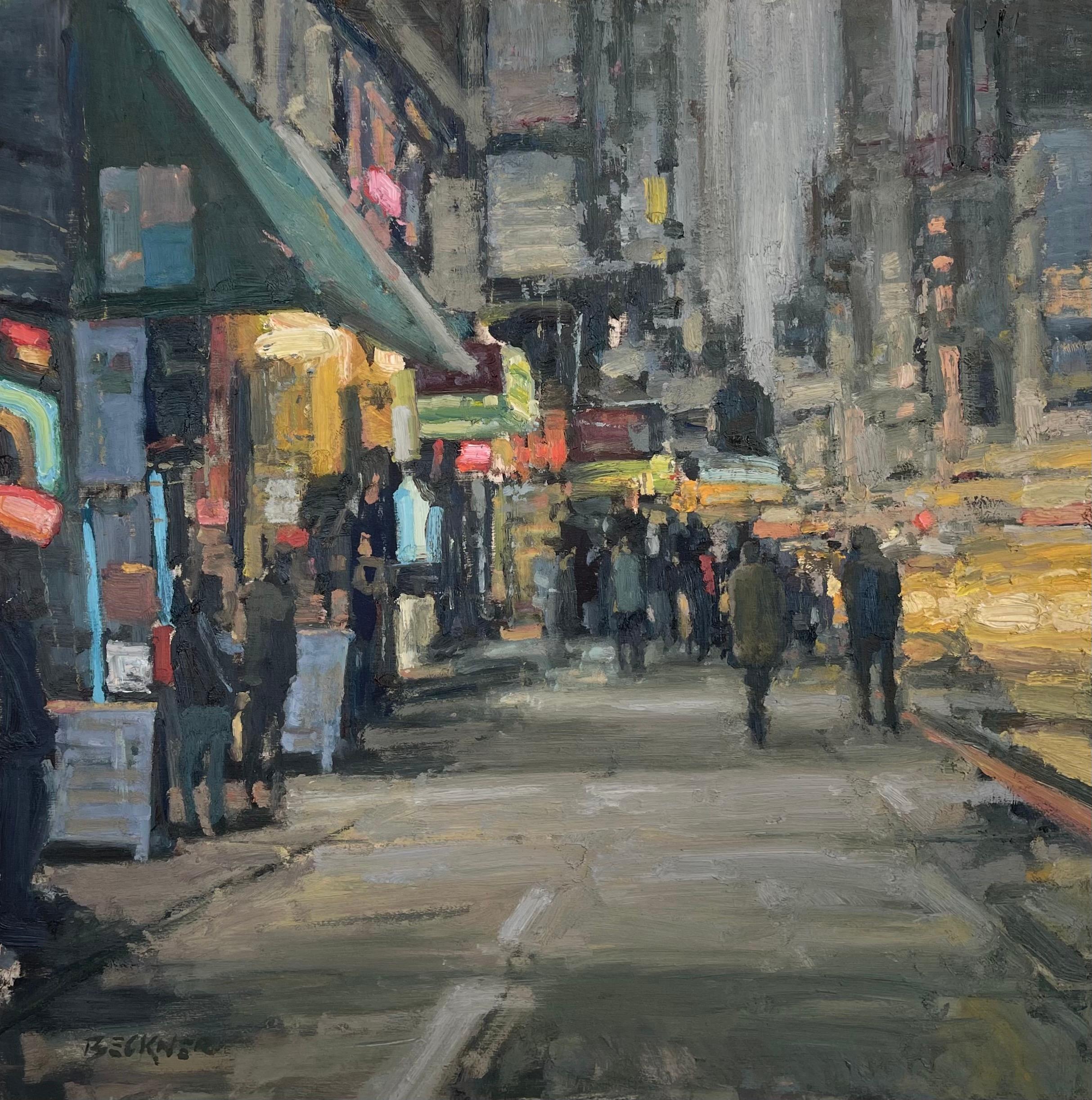 Jim Beckner Figurative Painting - "Sidewalks in Greys, " Oil Painting
