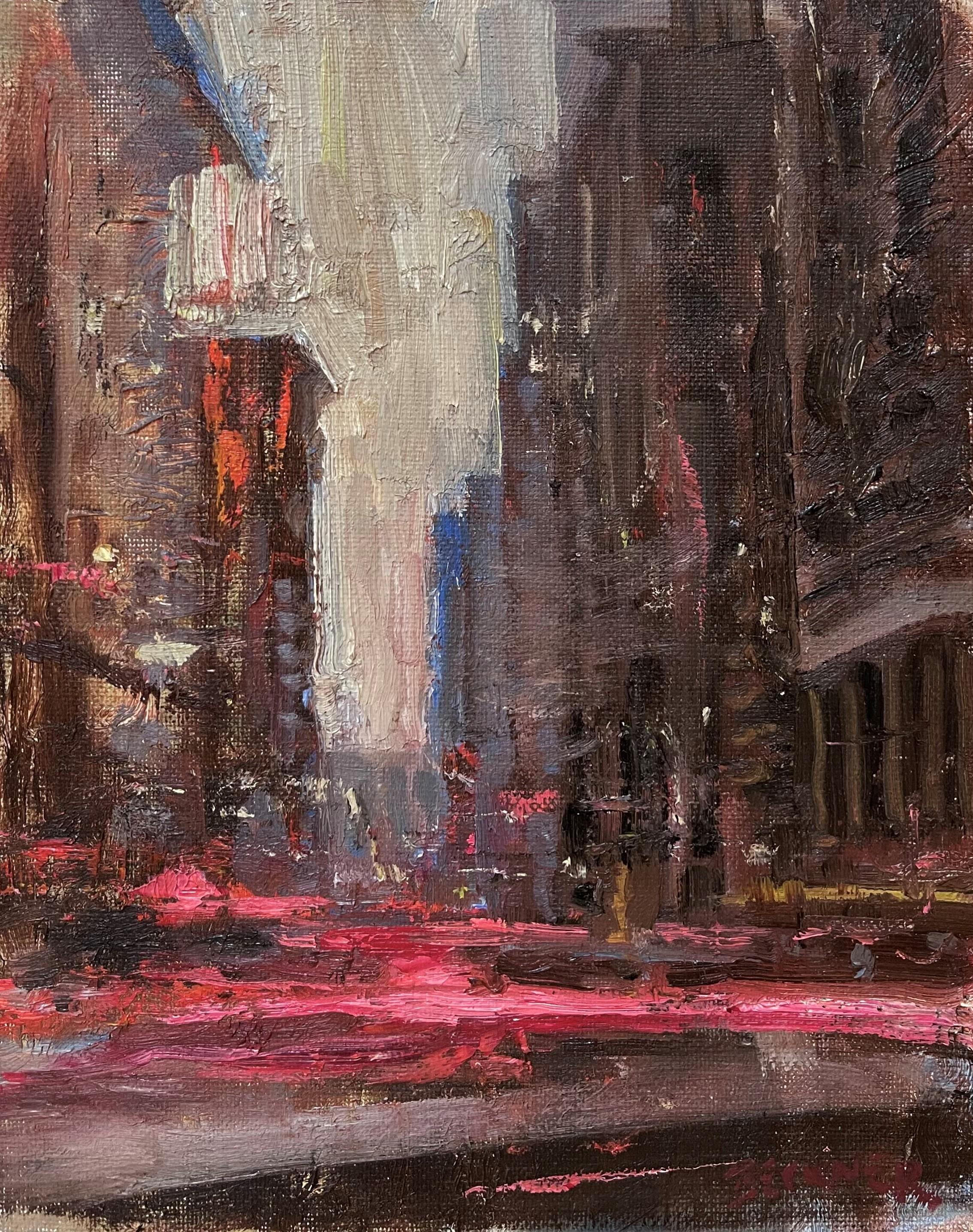 Movimiento callejero", de Jim Beckner (EEUU), es una pintura al óleo original, hecha a mano, de una calle urbana con desenfoque de movimiento.

Sobre el artista:
El arte de Jim Beckner vibra con el pulso de la ciudad. Sus pinturas, enérgicas e