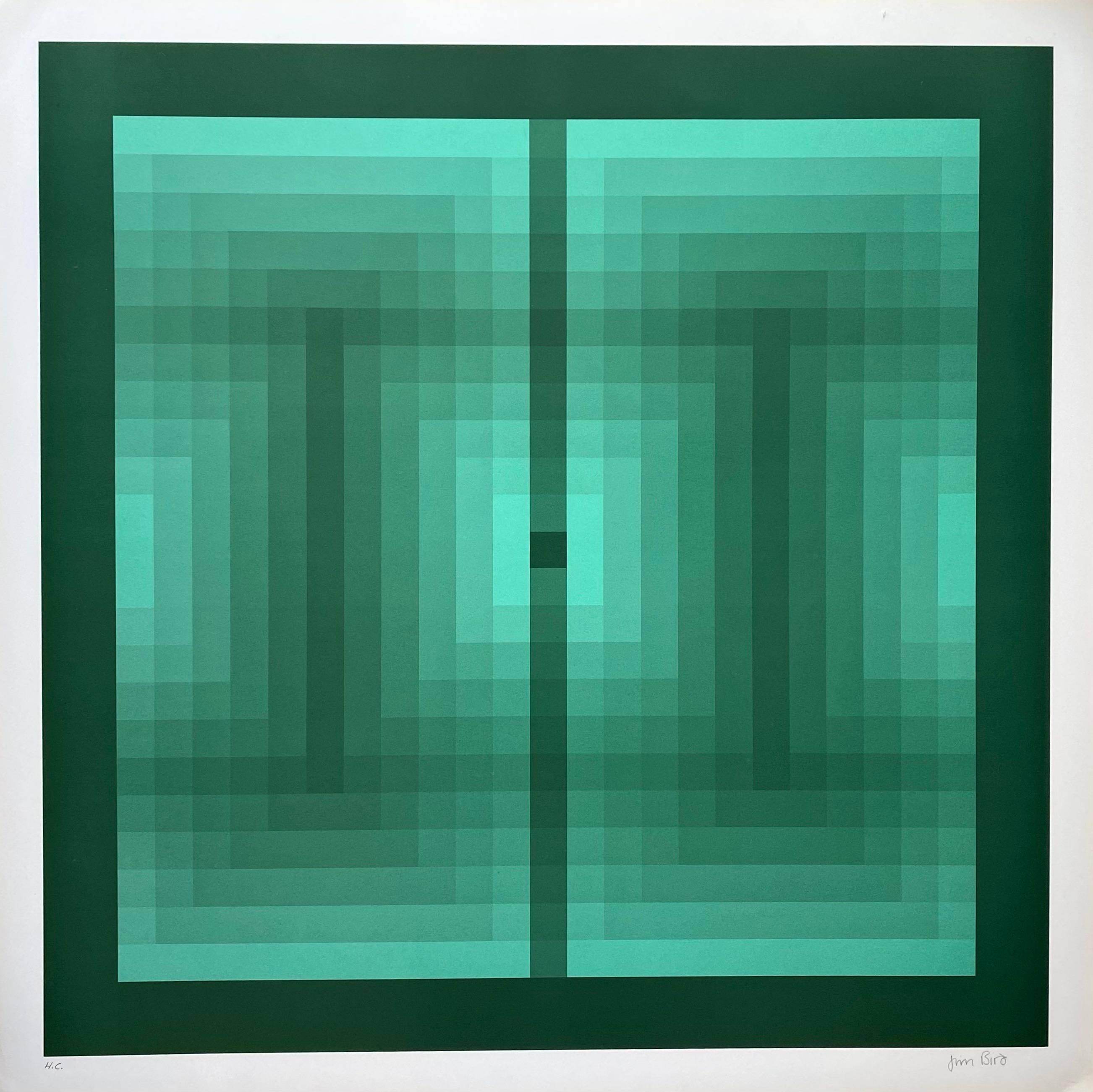 Jim Bird - tribute to Vasarely 
Photolithography
Circa 1970
Signed 
Paper size : 68 × 68
Image size : 61 × 61 
Perfect condition 
Published by Poligrafa, Barcelona.