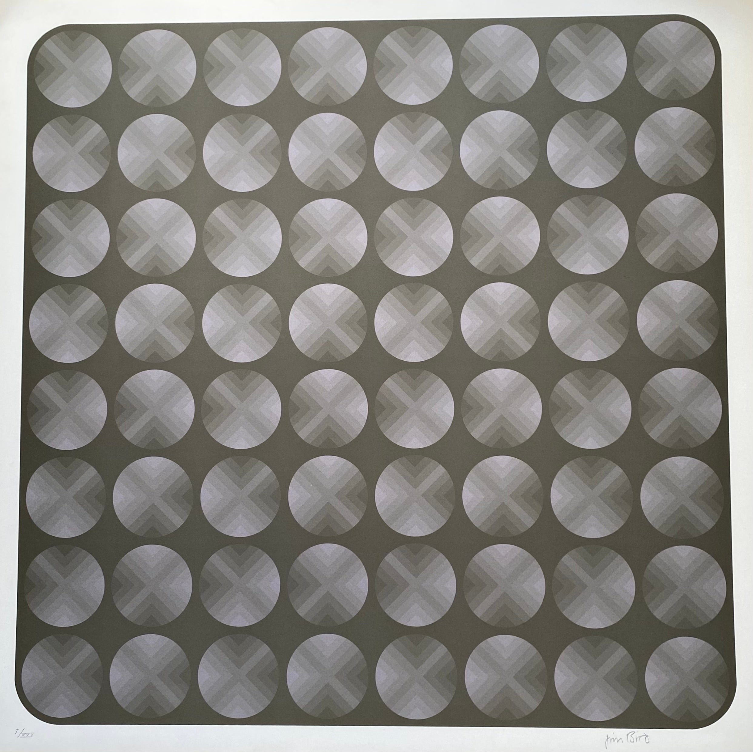 Jim Bird - tribute to Vasarely 
Photolithography
Circa 1970
Signed 
Paper size : 68×68
Image size : 61×61 
Perfect condition 
Published by Poligrafa, Barcelona